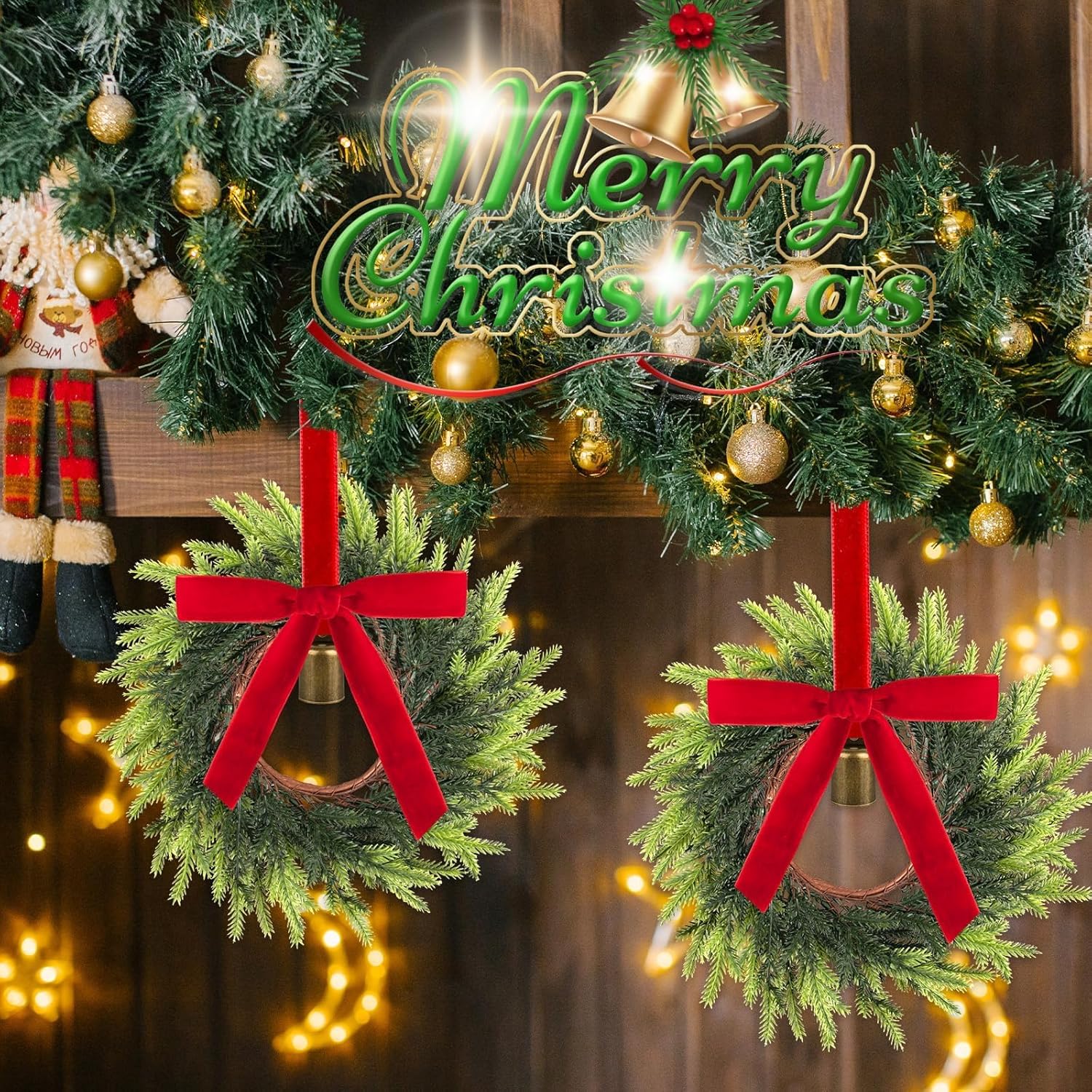 6 Pcs Christmas Deep Red Pine Needle Wreath Bulk Artificial 10 Inch Green Leaves for Front Door Cabinets Wreath Indoor Outdoor Wall Decor Christmas Wall Home Kitchen Decoration