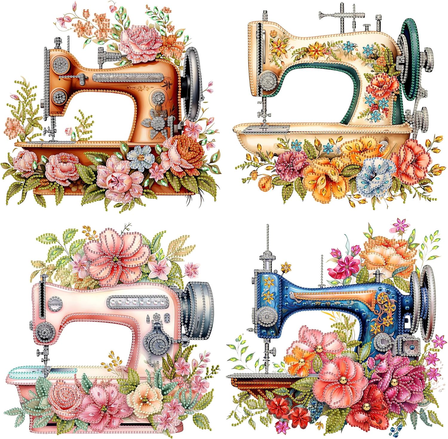 4Pcs Sewing Machine Flowers Handmade Diamond Art Painting Set, Special Shaped Partial Drill Gem Art, Handcrafted Wall Art Gift Set for Anniversary Wedding Birthday Home Decor