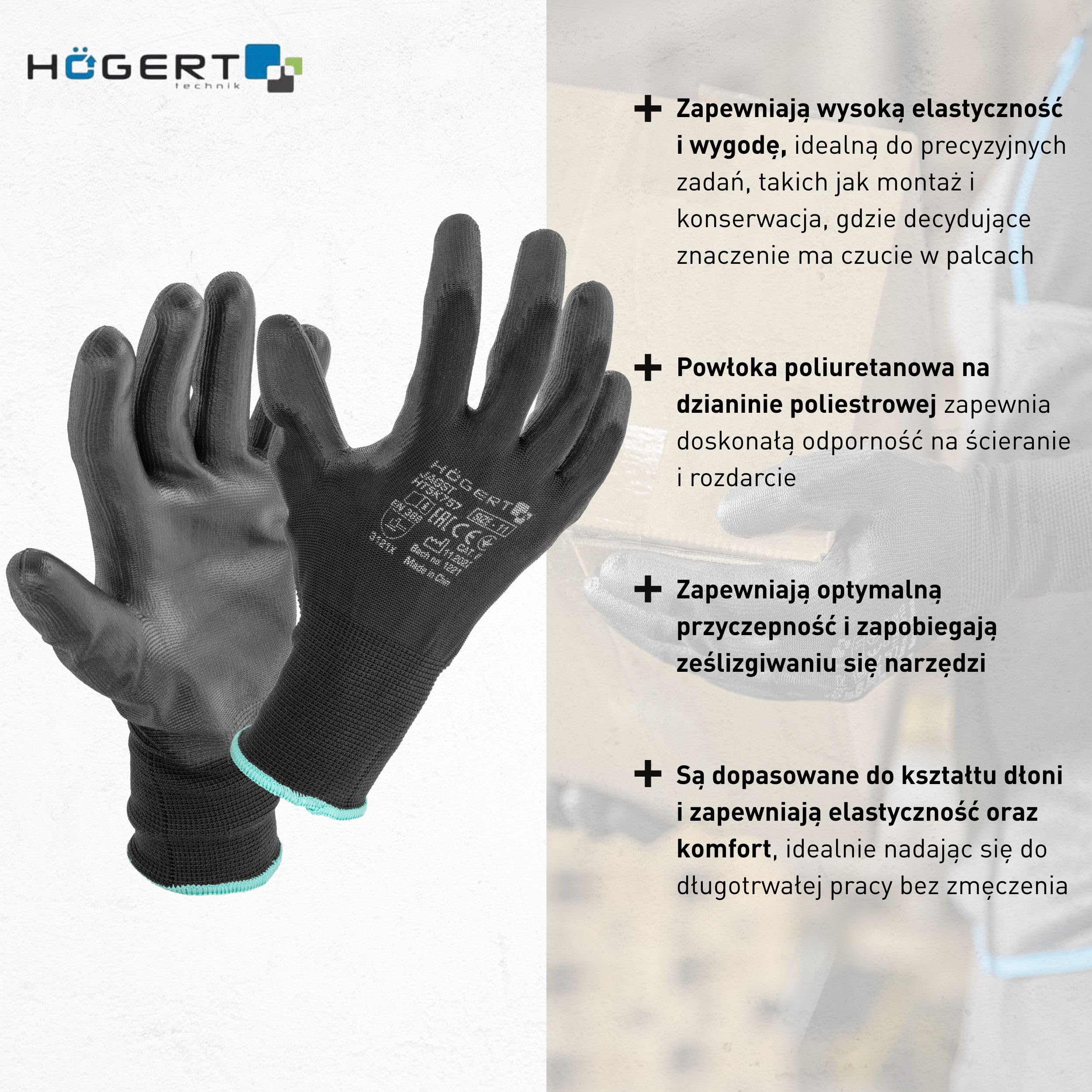 Högert Technik JAGST rękawice z powłoką poliuretanową, czarne, rozmiar 8, odporne na ścieranie i elastyczne, idealne do precyzyjnego montażu i konserwacji