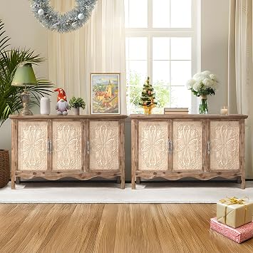 FansaFurn Buffet Cabinet with Storage Set of 2, 31 Farmhouse Sideboard with Storage, Wooden Cabinet with Doors for Kitchen, Bedroom, Natural