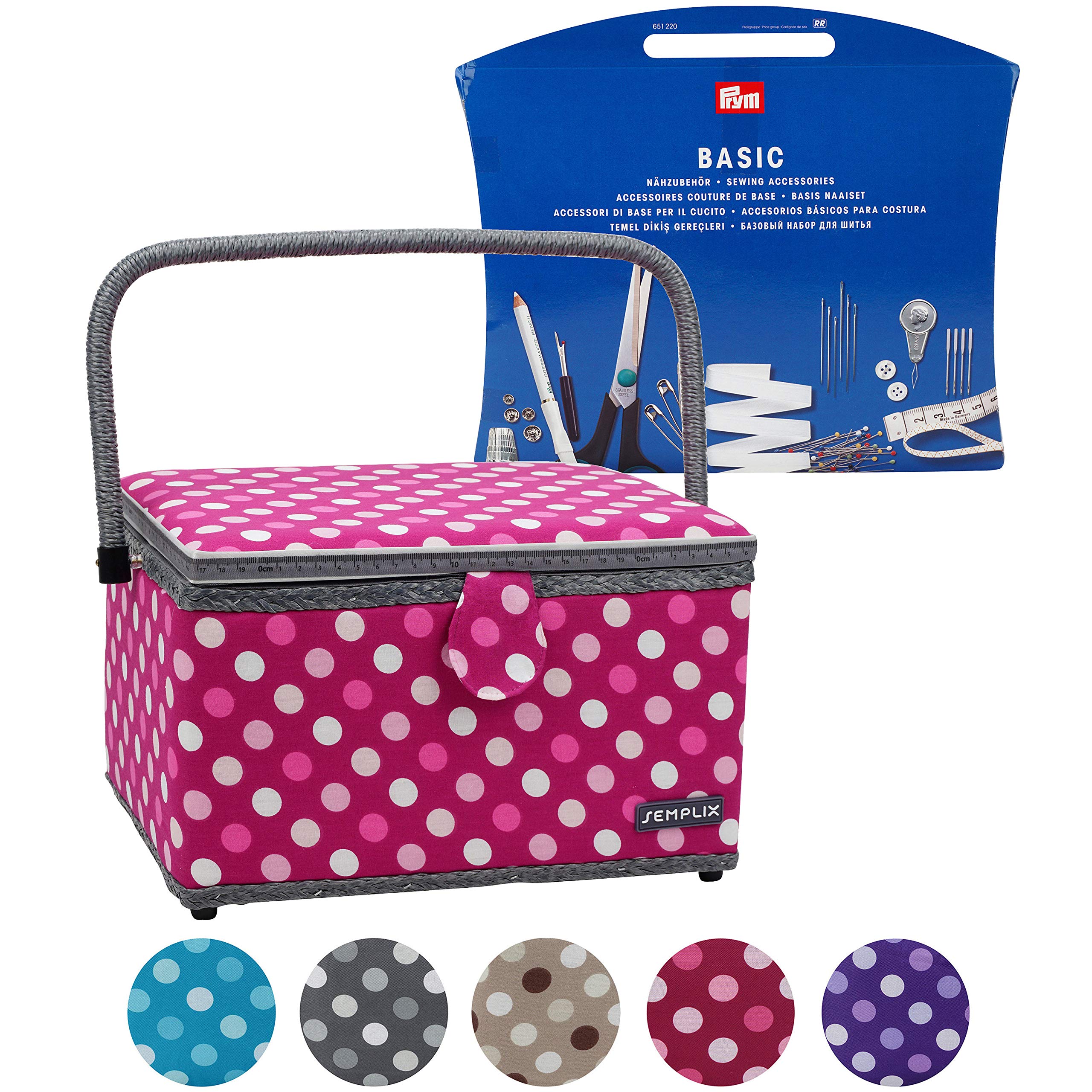 SEMPLIX Nähkorb Größe L gefüllt (30x22x19cm) - kompatibel mit Prym NähzubehörSet/Nähsortiment (im Lieferumfang enthalten) - Polka Dots Beere-rosa
