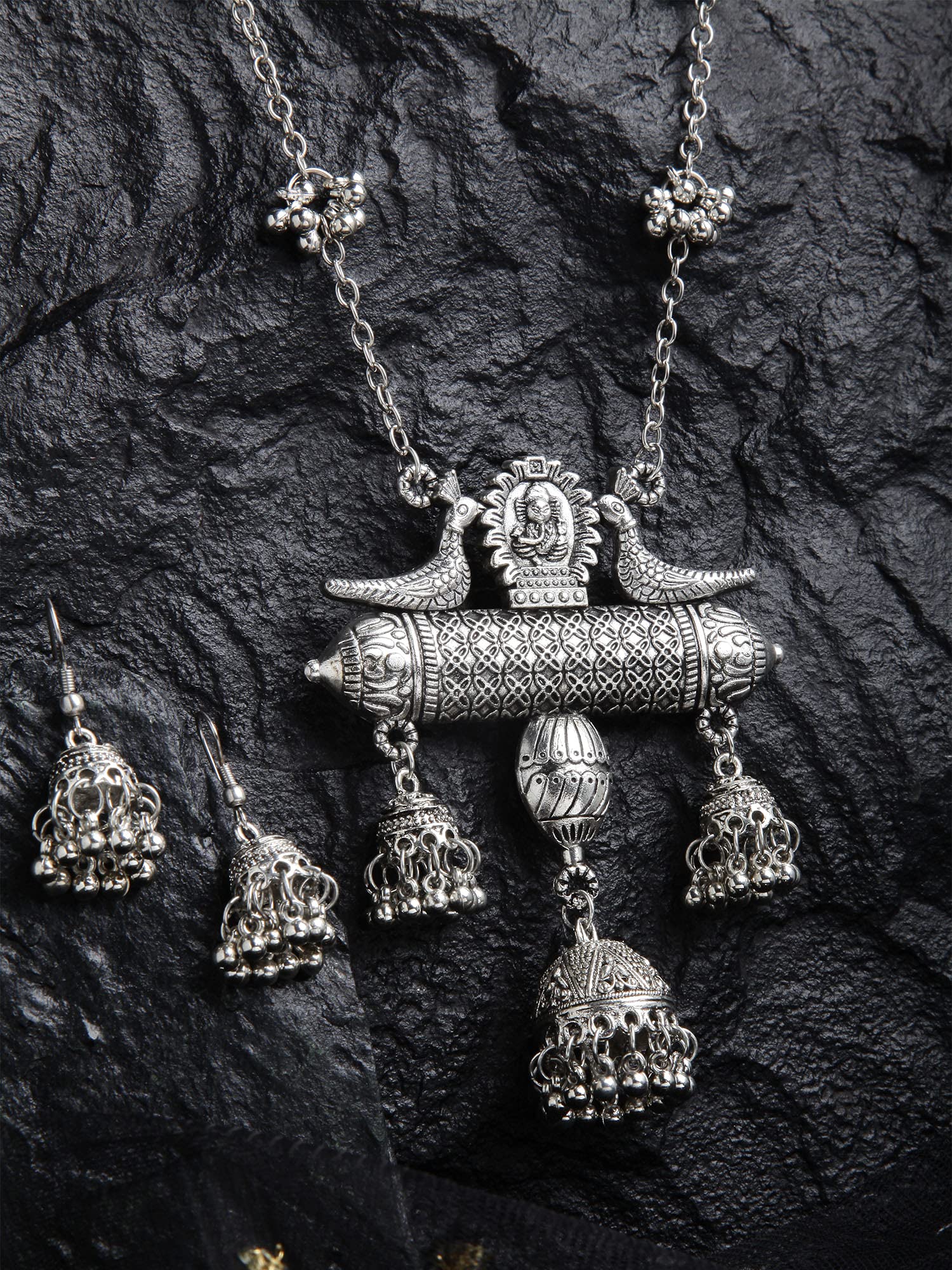 Oxidised Long Chain Pendant Earrings Set