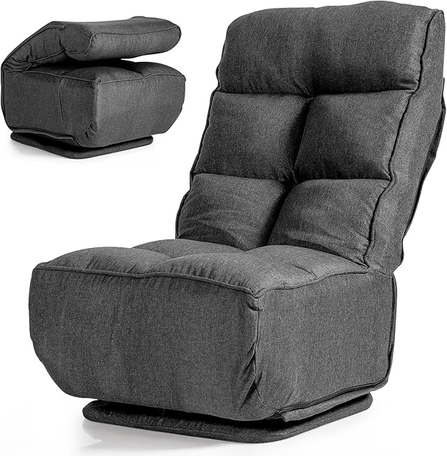 CASART Folding Sofa Chair, 360° Swivel Floor Lazy High-Back Seater with Breathable Sponge Seat, Adjustable Recliner for Bedroom Living Room Office (6 Positions, Grey)