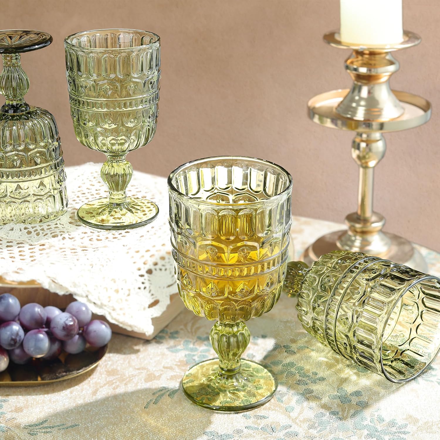 Joeyan Green Vintage Glass Wine Goblet,Embossed Stemmed Wine Glasses with Crown Patterns,Colored Drinking Glasses for Christmas Party Wedding,10 oz,Set of 4, Dishwasher Safe