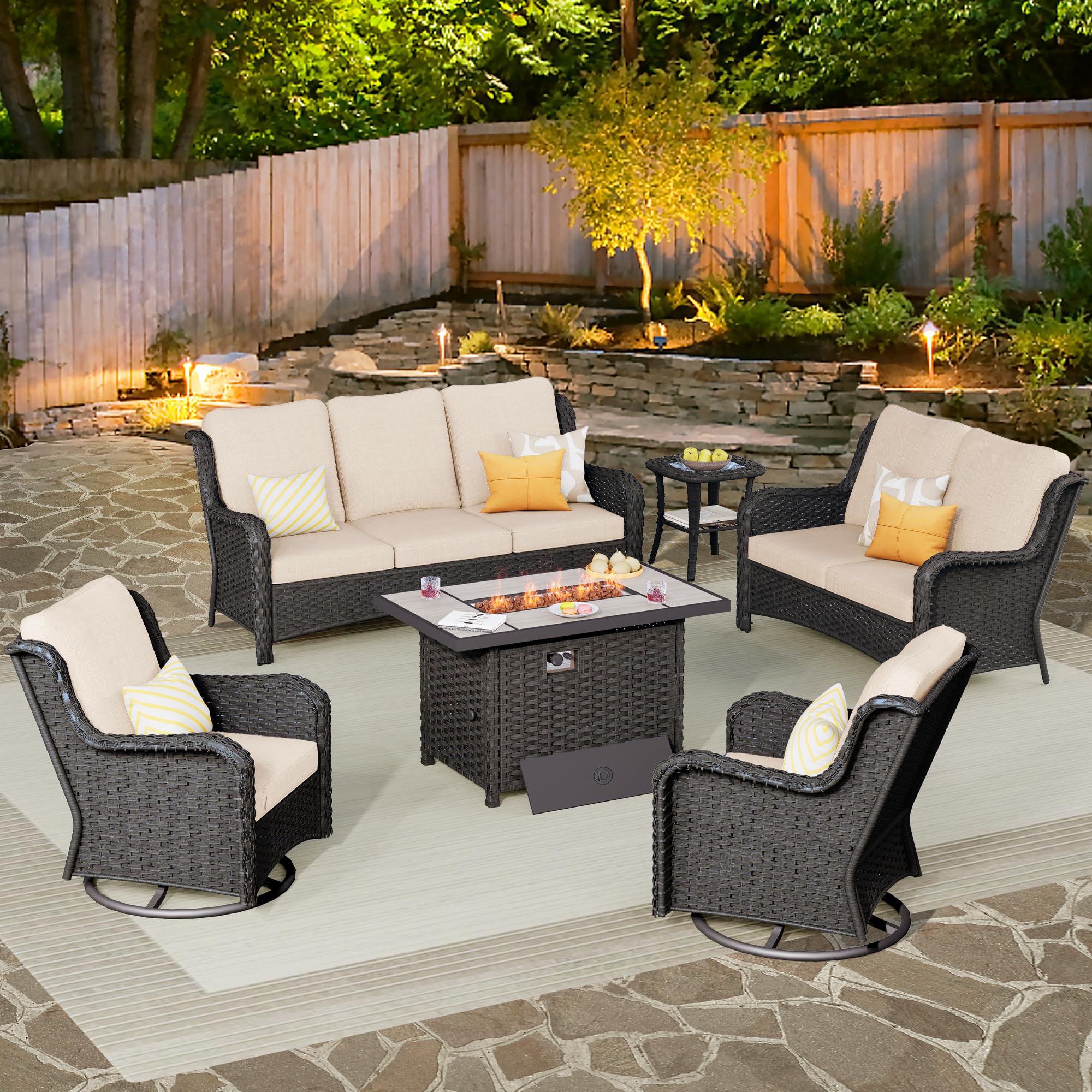 6 Pieces Patio Furniture Set with 42 inch Fire Pit Table, Outdoor Wicker Sofa Couch Loveseat, Swivel Rocking Glider Chairs, Modern Conversation Set, Brown Rattan, Beige