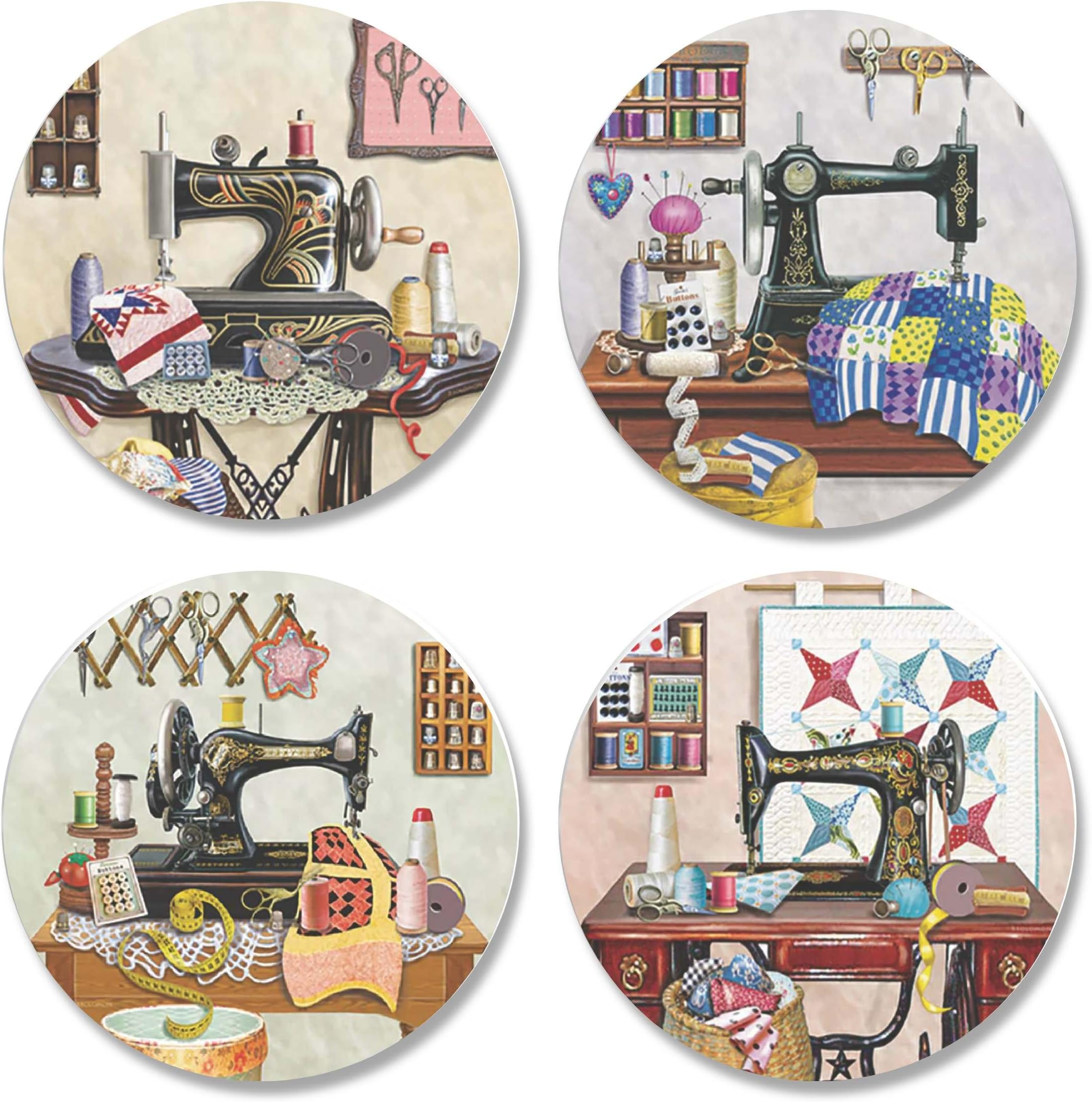 4 Pack Printed Dressmaking Sewing Pattern Weights. Antique Sewing Room Designs by Artist Rosiland Solomon. Inspired by The BBC Sewing Bee. (50mm Diameter)