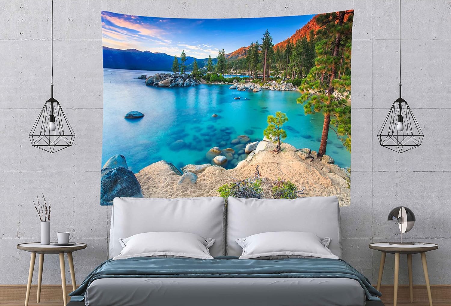BELECO Mountain Lake Tapestry - 118x96 Inch Blue Lake Ocean Sand Beach Green Forest Pine Trees Landscape Nature Wall Hanging for Bedroom Aesthetic Living Room Dorm Decor