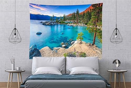 Miniatura 5 de BELECO Tapiz de lago de montaña, 118 x 96 pulgadas, lago azul, océano, arena, playa, bosque verde, pinos, paisaje, naturaleza, colgar en la pared