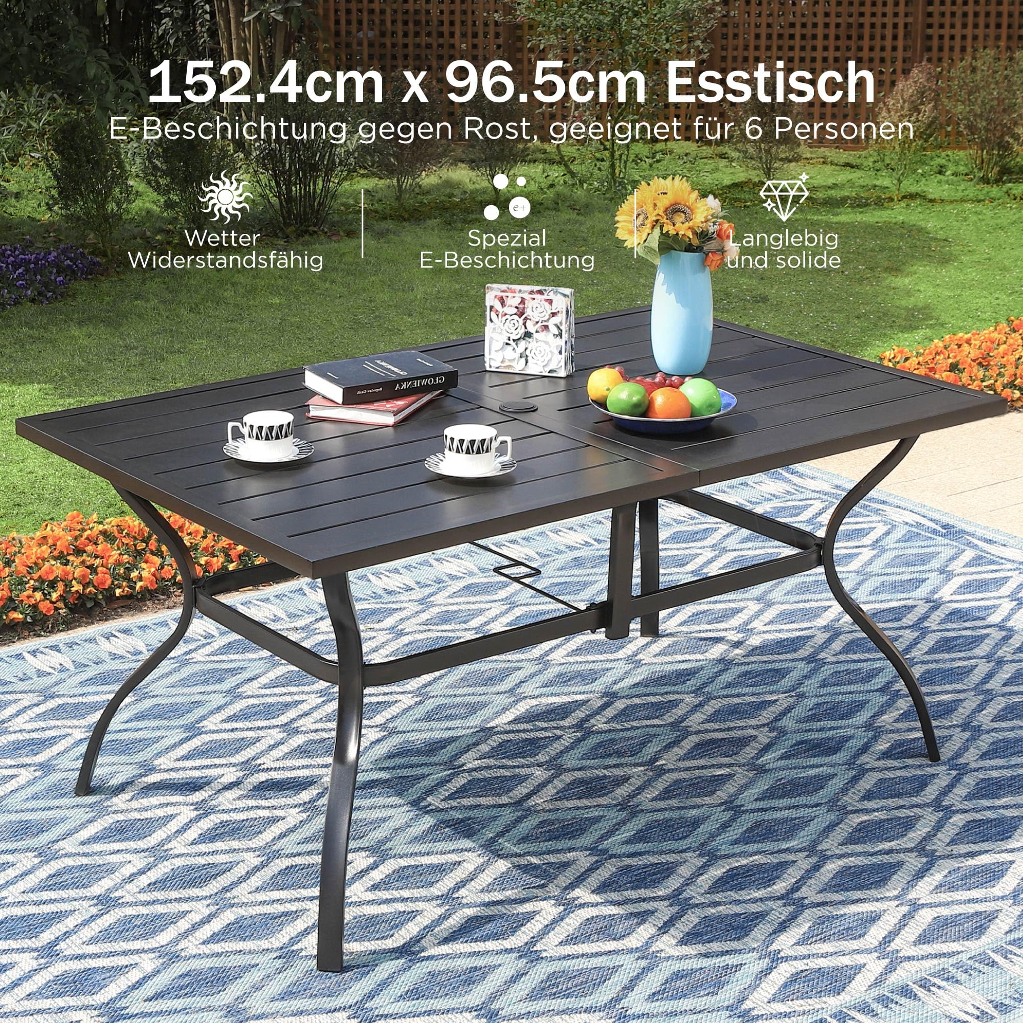 PHI VILLA 7-teiliges Gartenmöbel Set, Terrassenmöbel Outdoor mit 1 Rechteckig Gartentisch und 6 Textilene Stapelstühlen, Wetterfest E-Beschichtung Metall Gartenset für Hinterhof Veranda Poolbereich