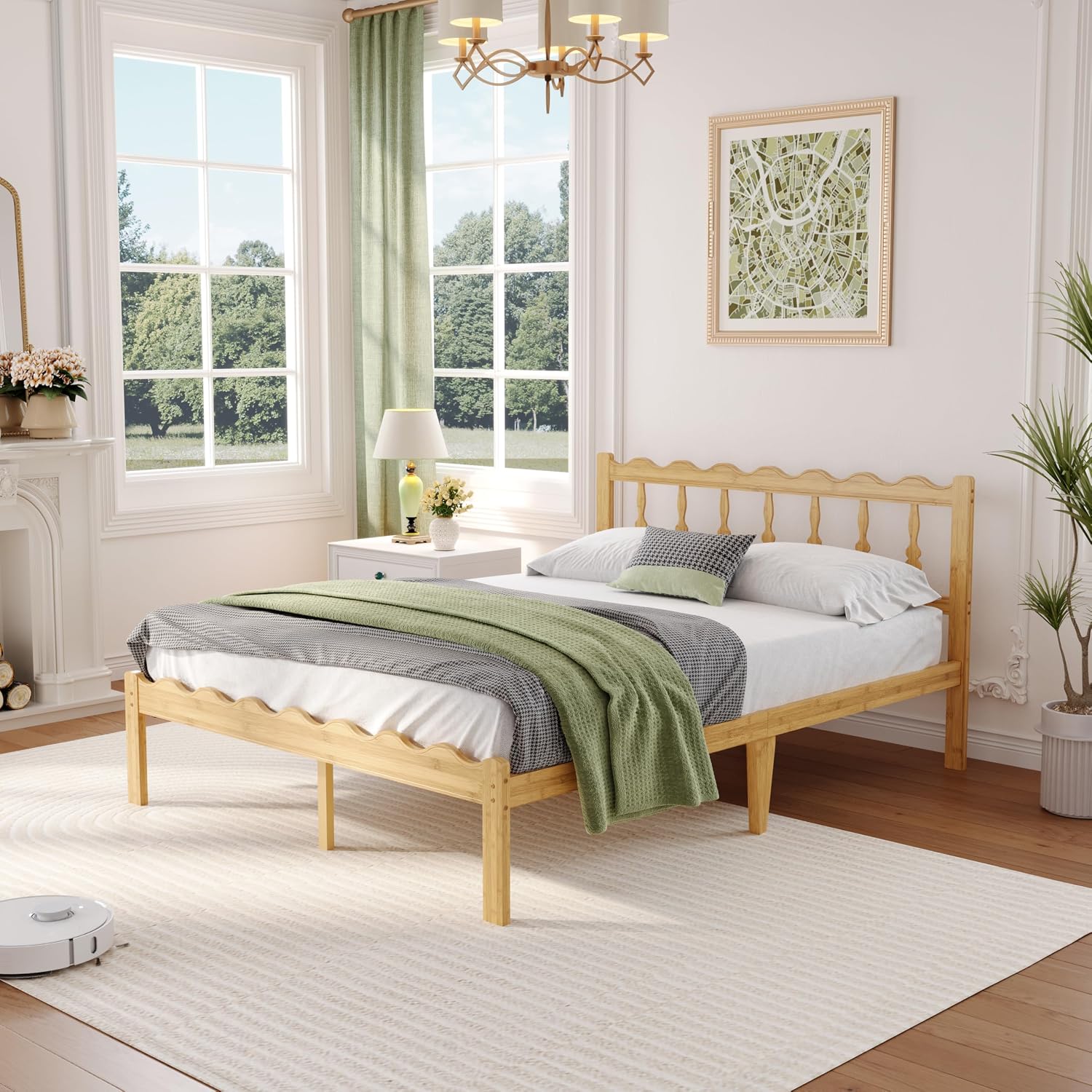 ZIYOO 14inch Queen Bed Frame with Wavy Headboard and Footboard, No Box Spring Needed, Easy Assembly Platform Bed with Metal Slats, Modern Wood Foundation