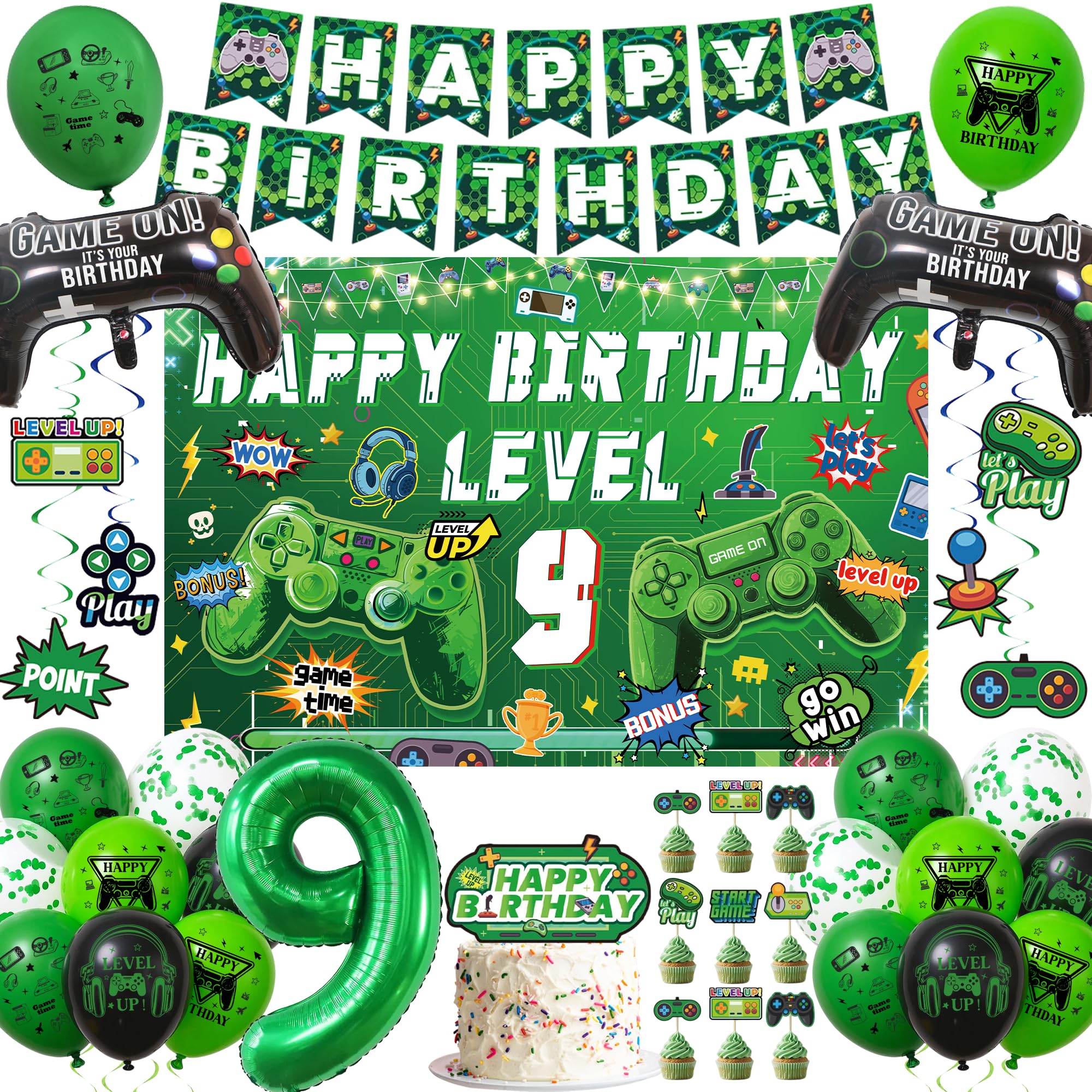 Video Game 9th Birthday Decorations, Happy Birthday Level 9 Banner