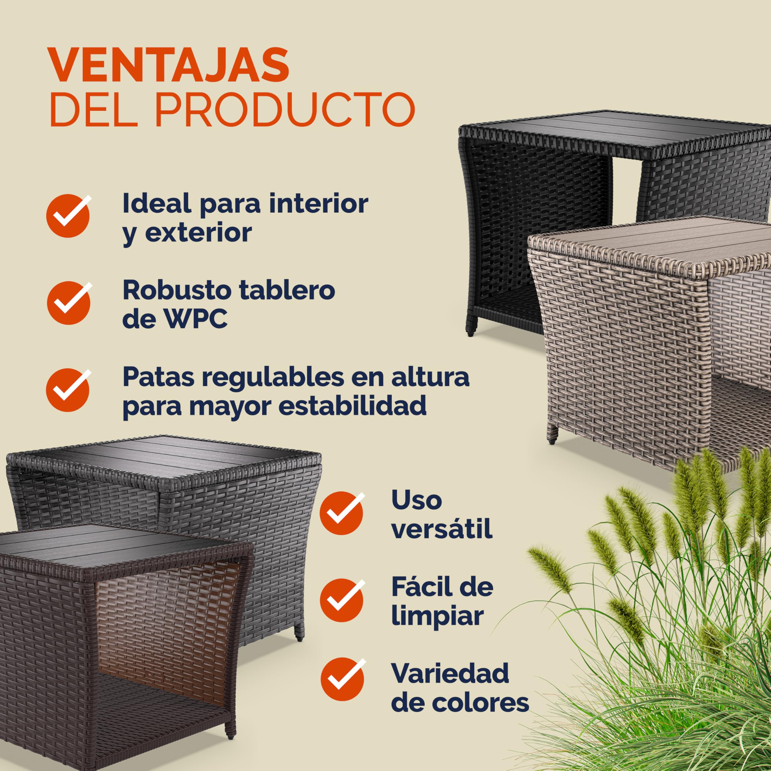CASARIA Mesita Auxiliar de Poliratán Balcón Jardín 45x45x40cm Tablero WPC Mesa Altura Ajustable Marrón