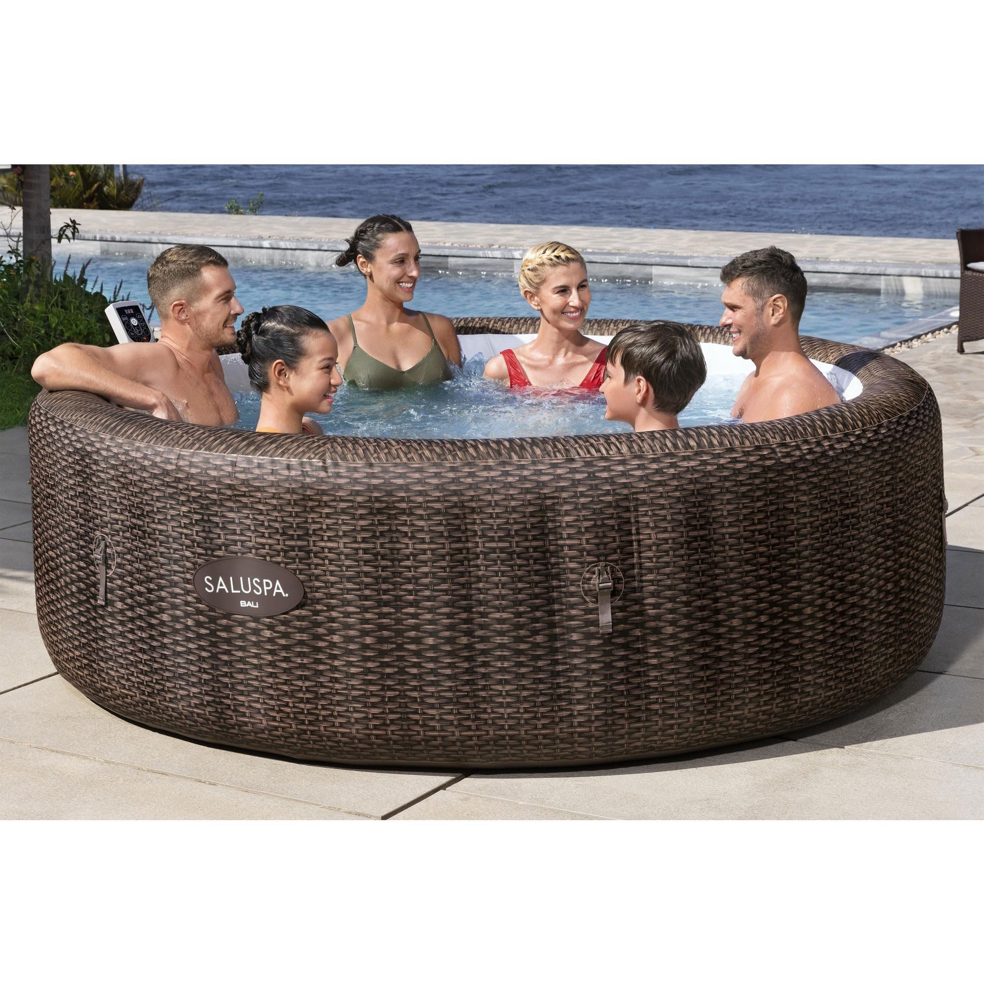 Bestway SaluSpa Bali Smart AirJet Inflatable Hot Tub Round Portable 5-7 Person Spa with 180 AirJets, App Control and EnergySense Cover, Brown Rattan
