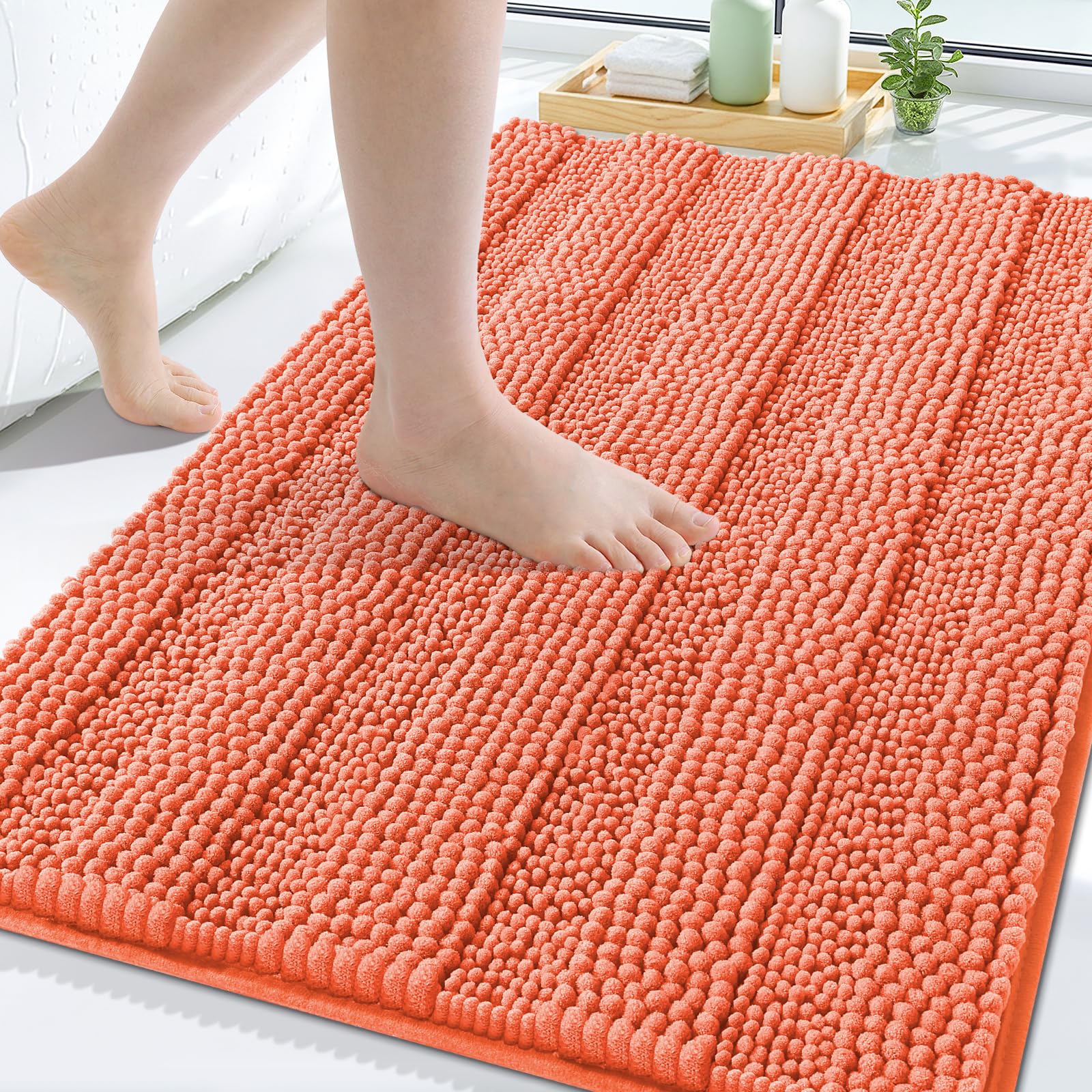 Grandaily Chenille Bathroom Rugs 30x20, Soft Bath Mats, Coral Orange