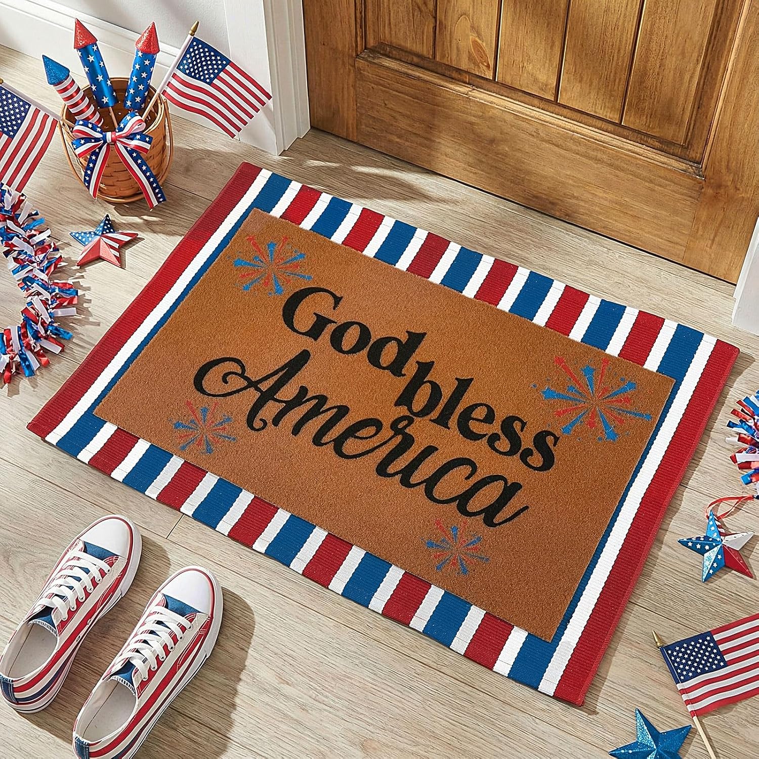Honoson 2 Pcs Patriotic Doormat, 4th of July 250th Anniversary God Bless America Mat Red White & Blue Stripe Coir Rug for Front Door Porch Indoor Outdoor Memorial Independence Day Decor
