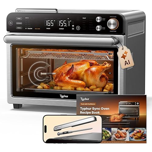 Typhur Sync Oven with Smart Wireless Meat Thermometer Probe, 12‑in‑1 Countertop Air Fryer Toaster Oven Combo, 360° Turbo Convection, Dehydrator, Recipes & 5 Accessories, Large 27QT, Stainless Steel