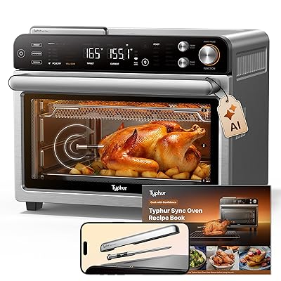 Typhur Sync Oven with Smart Wireless Meat Thermometer Probe, 12‑in‑1 Countertop Air Fryer Toaster Oven Combo, 360° Turbo Convection, Dehydrator, Recipes & 5 Accessories, Large 27QT, Stainless Steel