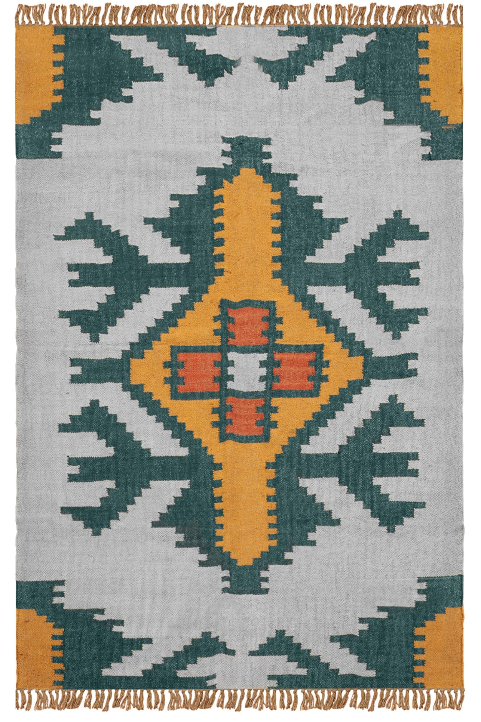 Kwadratowy geometryczny dywan Kilim 8 x 8 cm - żółty musztardowy i zielony geometryczny wełniany dywan jutowy ręcznie tkany płaski wełniany dywan jutowy do wewnątrz/na zewnątrz sypialni