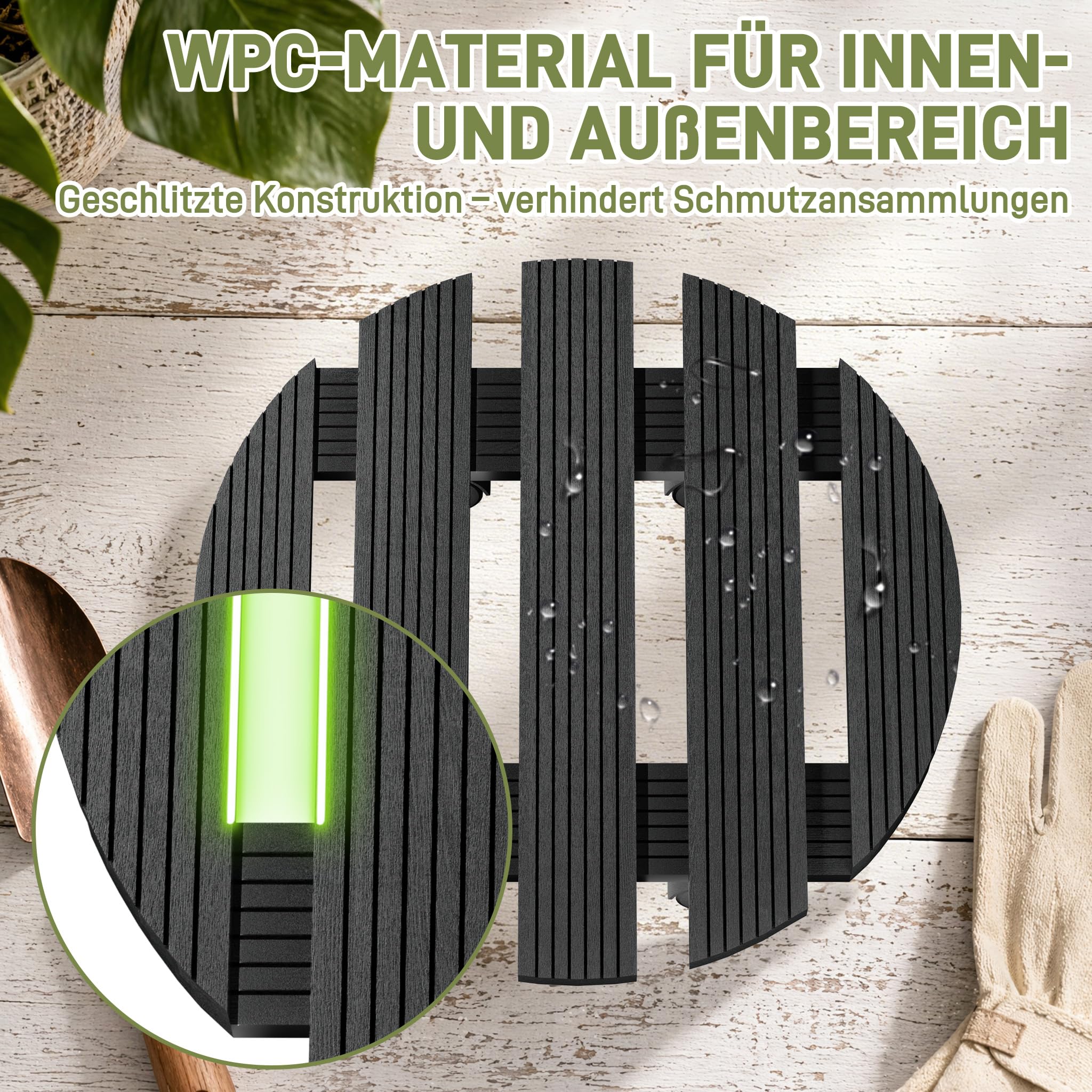 XMTECH 2x WPC-Pflanzenroller Witterungsbestaendig 100 kg Tragkraft, Pflanzenroller & Blumenroller ø30cm für Außenbereich + Innenbereich, Rollbrett Pflanzen, Untersetzer mit Rollen, Rund, Anthrazit