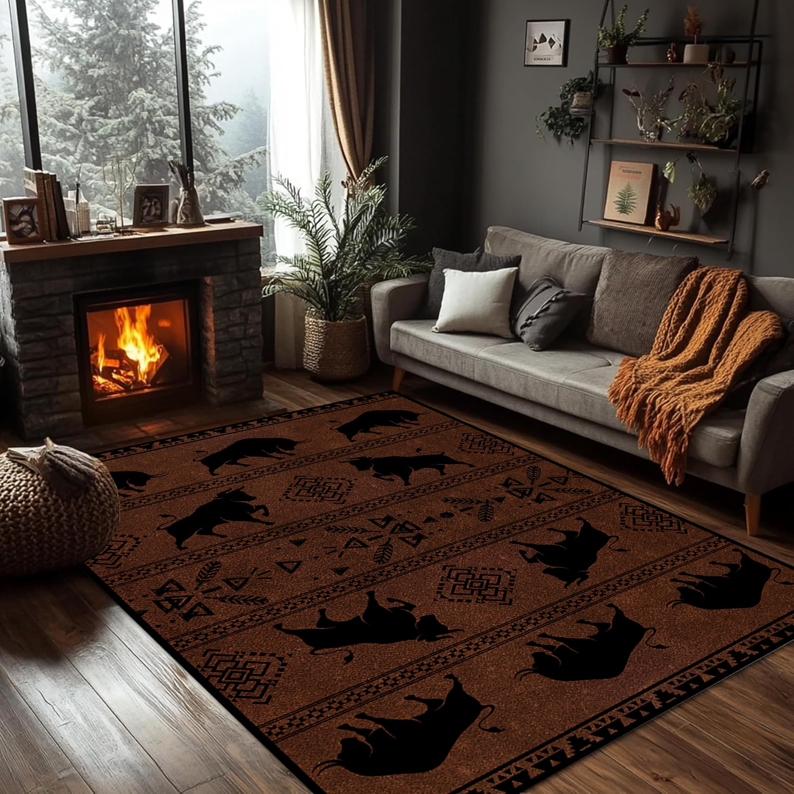 PDENZG Brown Black Bull Bedroom Carpet,160x230cm,Southwestern American Indian Individual Rug, Aztec Rugs, for Living Room Bedroom Dining Carpet， With Non-Slip Backing Washable Western Area Rugs, — image 1