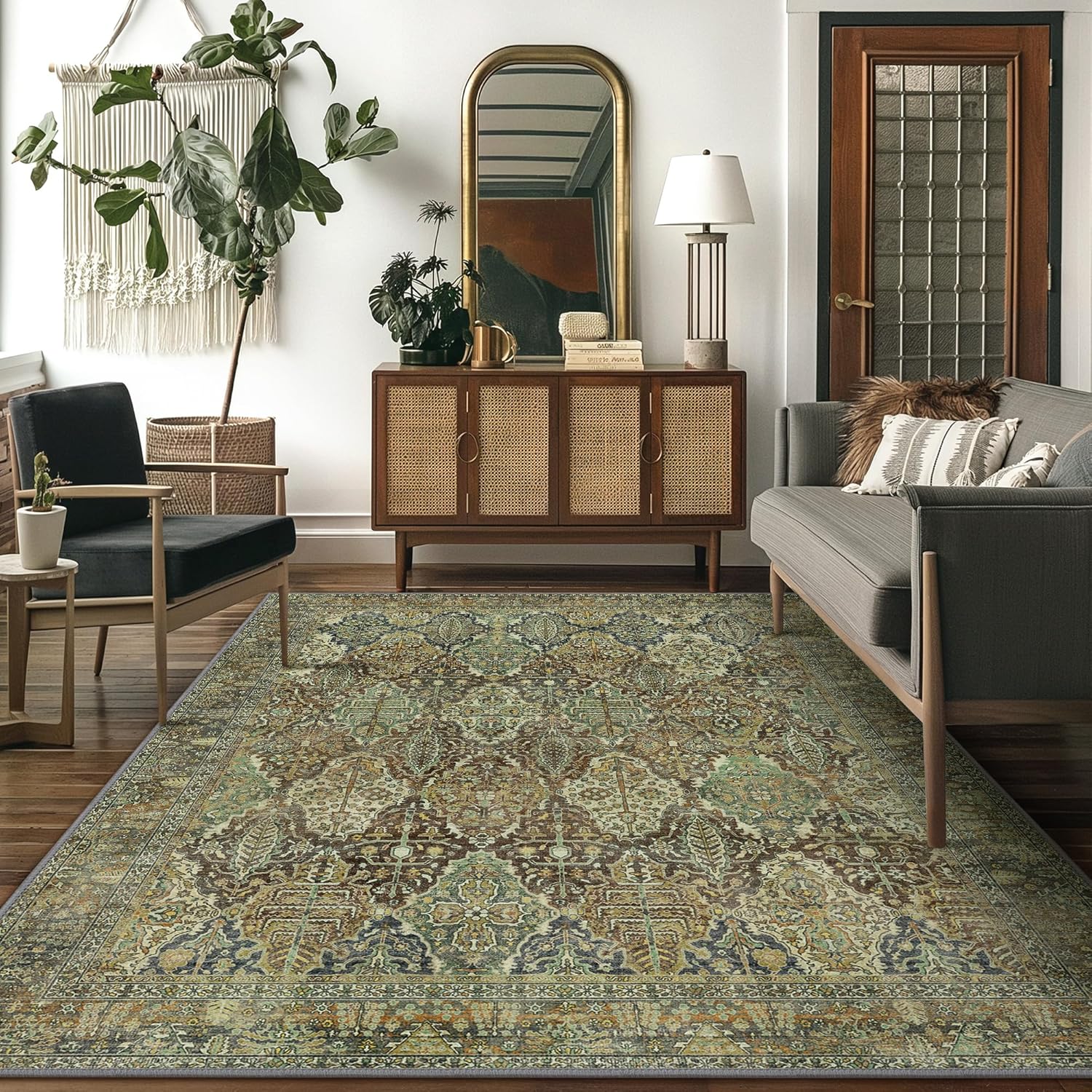 Bavni Area Rug 6X9, Oriental Vintage 6X9 Area Rugs, Large Rugs for Living Room, Non Slip Boho Carpet for Bedroom Dorm, Low Pile Aesthetic Washable Rug for Dining Room Office, Sage Green