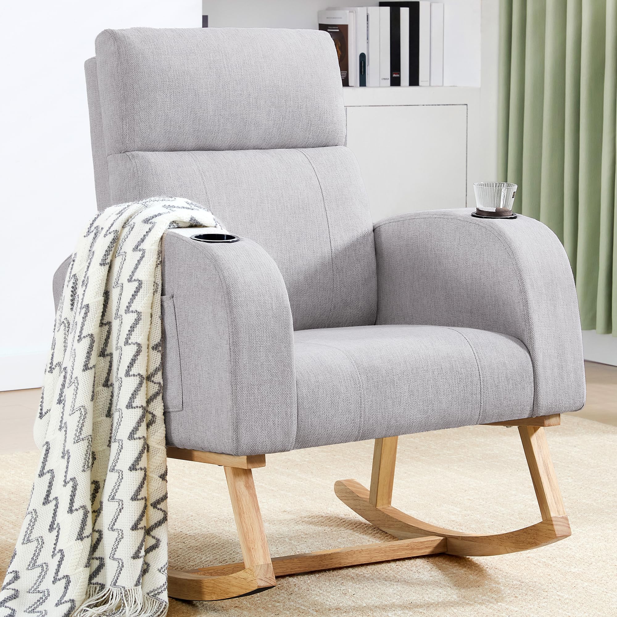 HCHAIRH Rocking Chair Nursery, Nursery Rocking Chairs with Cup Holders, Nursing Rocking Chair Glider Rocker Indoor for Nursery, Living Room, Bedroom, Grey