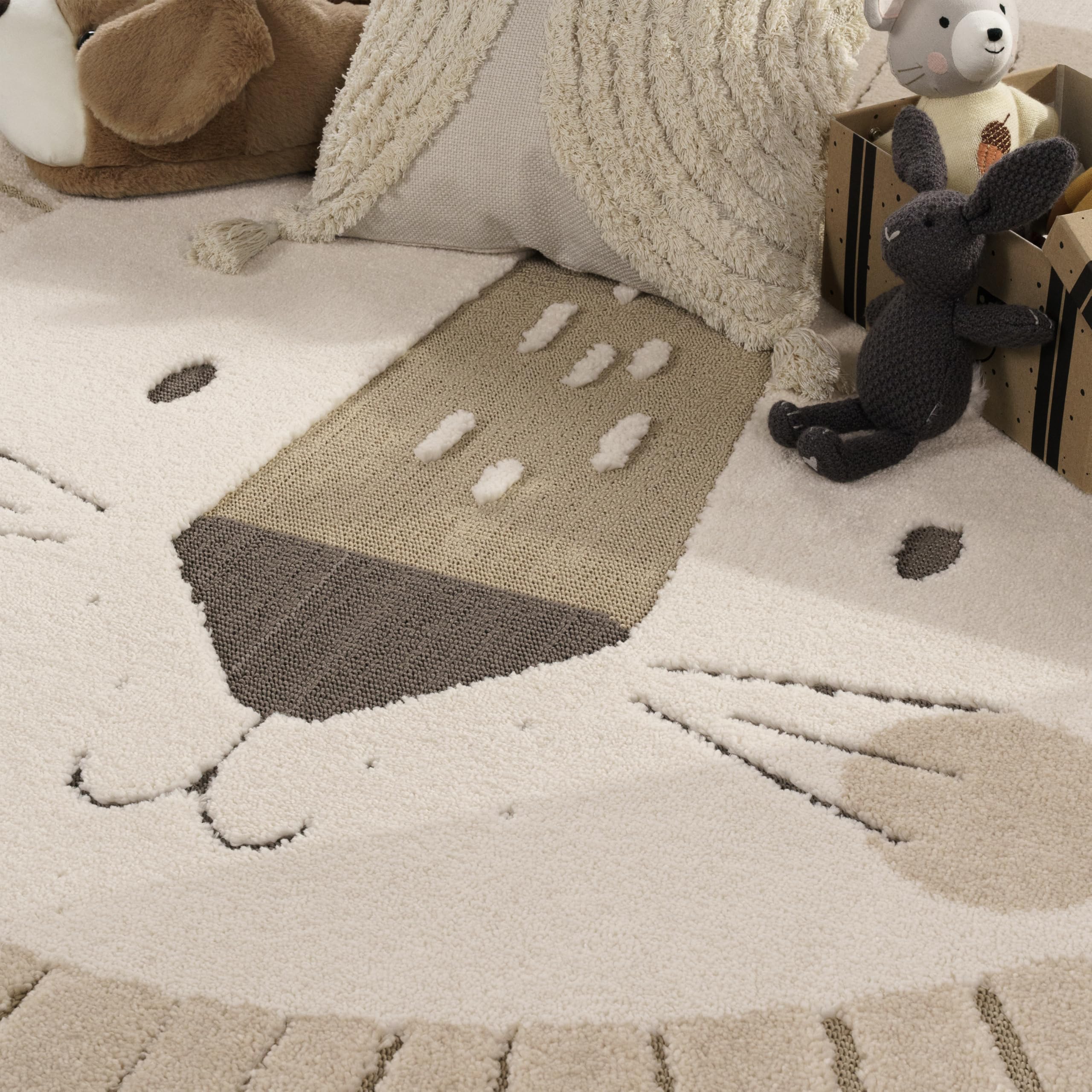 Paco Home Kinderteppich Moderner Spielteppich Kinderzimmer 3D-Effekt Naturtöne weicher Flor robust & pflegeleicht Schlingenstruktur Löwen-Motiv Beige Creme Charcoal, Grösse:120x160 cm