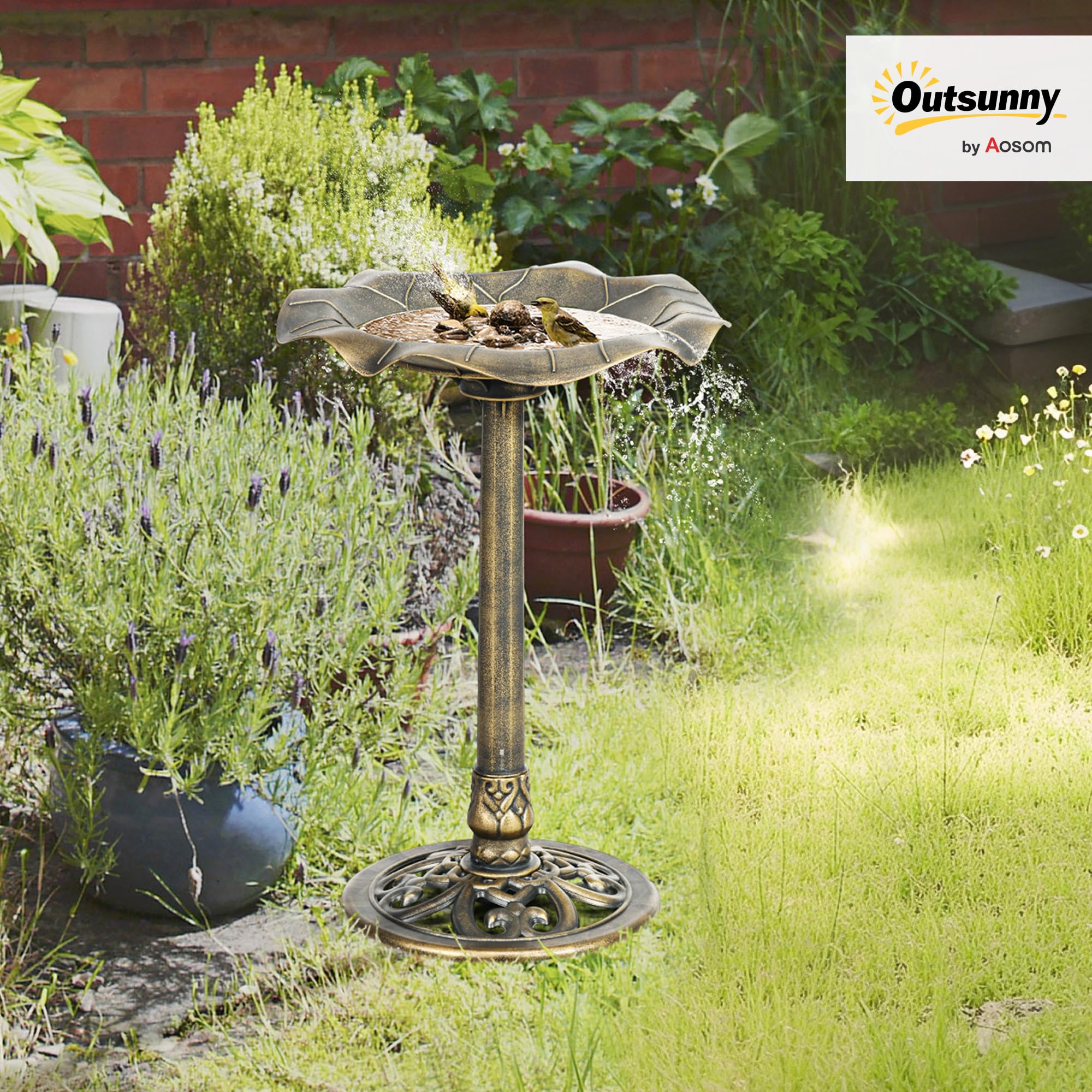 Outsunny Baño para Pájaros de Jardín al Aire Libre, Altura 71 cm, Comedero para Pájaros con Lavabo Diseño Hoja de Loto y Acabado Envejecido, Ligero y Resistente, Bebedero para Aves, Bronce