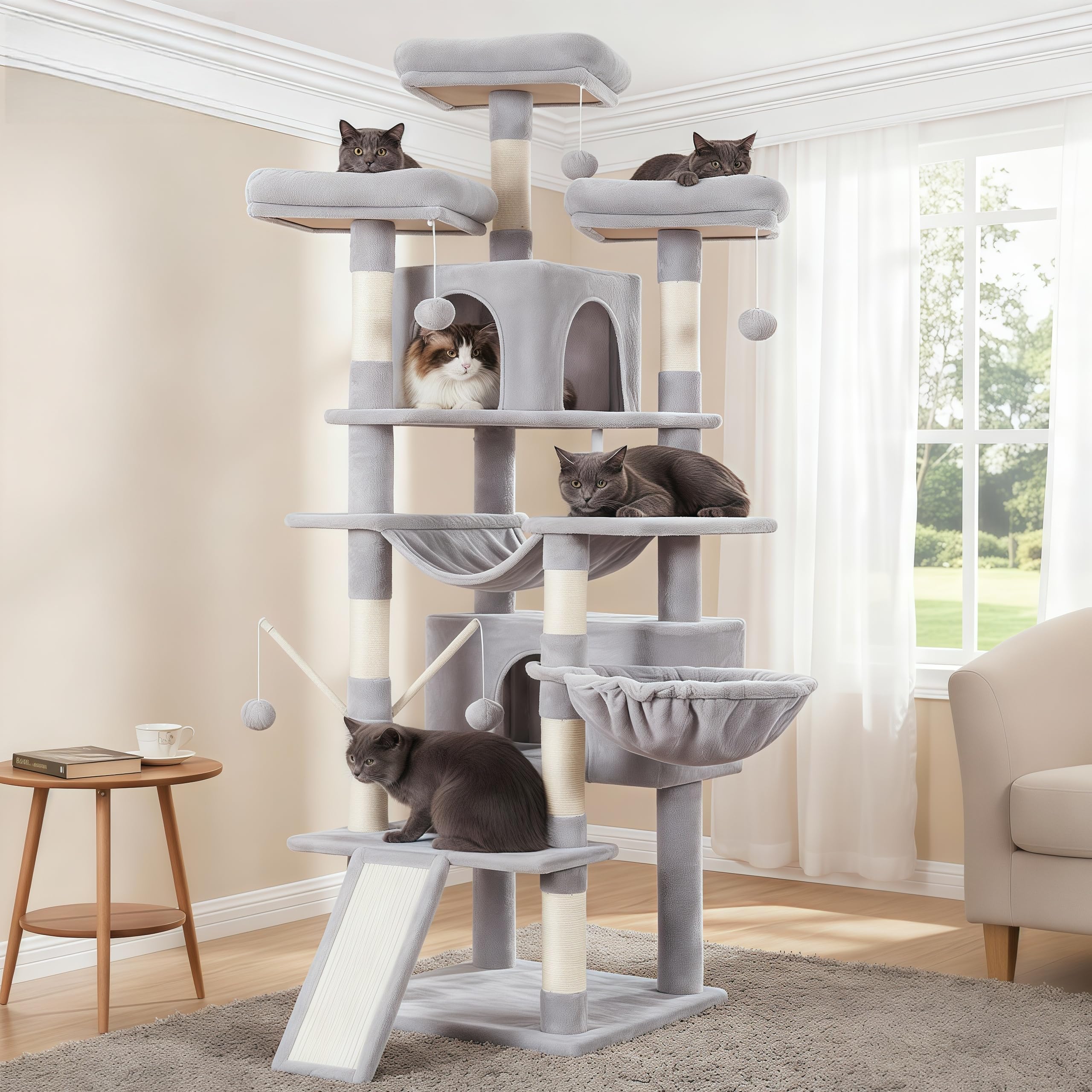 Hey-brother Cat Tree, 71 inches XL Large Cat Tower for Indoor Cats, Multi-Level Cat House with 3 Padded Perches, Big Scratcher, Cozy Basket, 2 Cat Condos and Scratching Posts, Light Gray MPJ034W