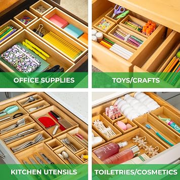 Grow Forward Bamboo Drawer Organizer Boxes Set of 21 - Kitchen, Bathroom, Office, Desk, Nightstand, Vanity, Cosmetic Storage Trays - Nesting Wooden Junk Drawer Organizer Bins - 4 Assorted Sizes