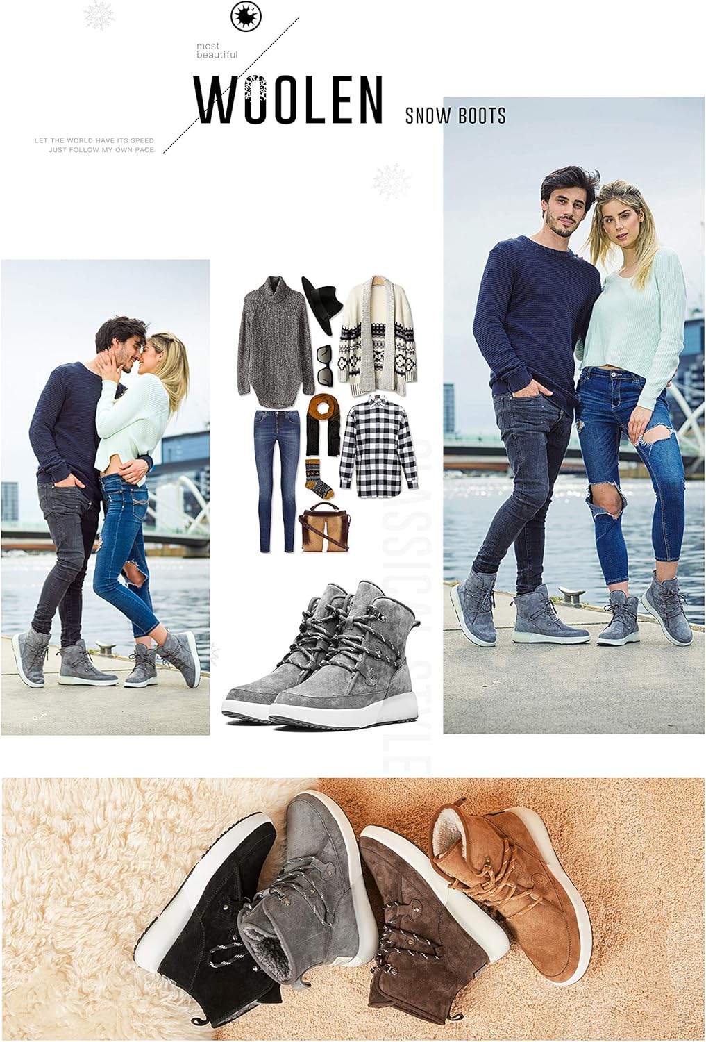 AUMU Taurus Leather Metal Buckle Brass Eyelets Suede Upper Laces Winter Snow Boots…