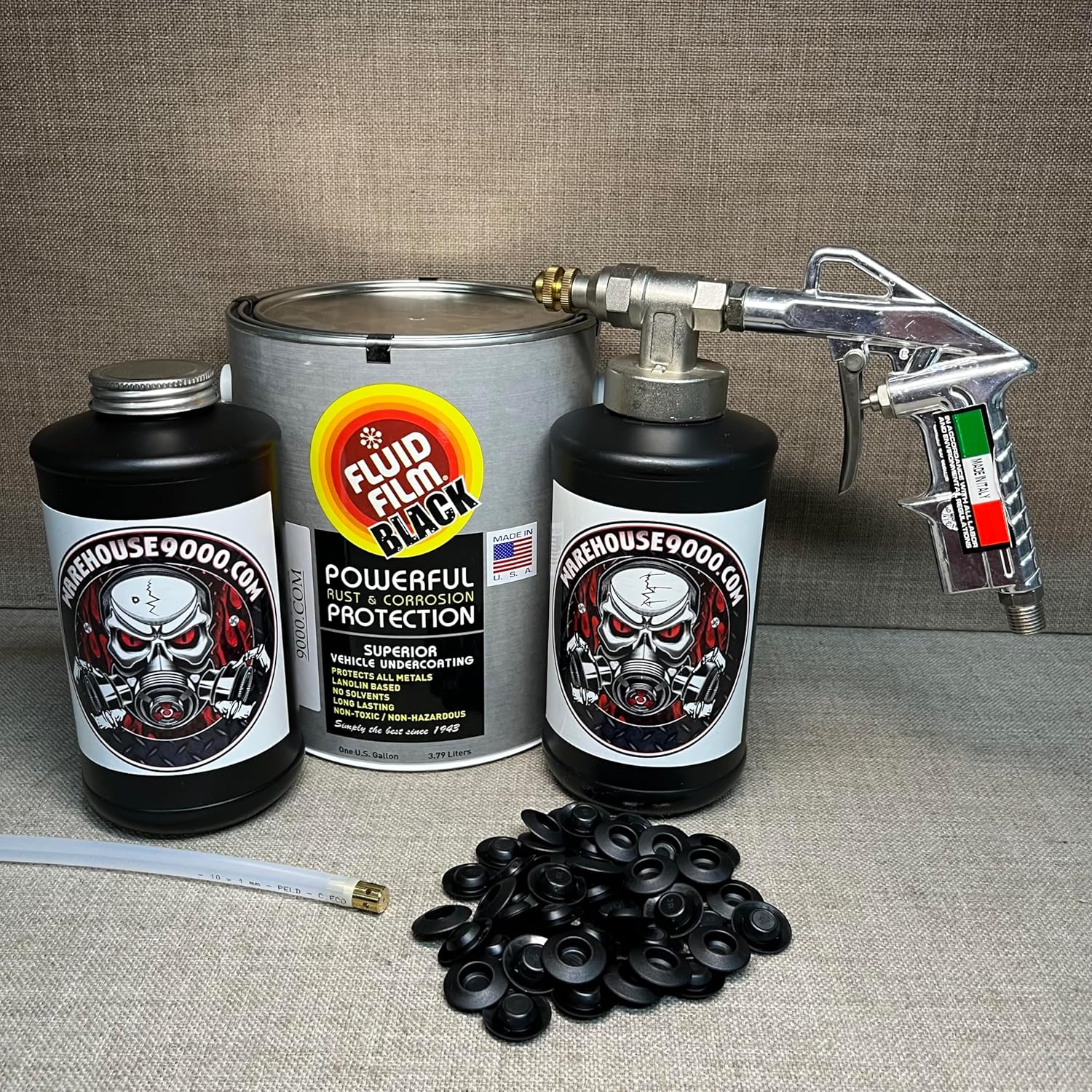 Gallon Fluid Film Black, Pro Undercoating Spray Gun, 32" 360* Wand, 2 White Quart