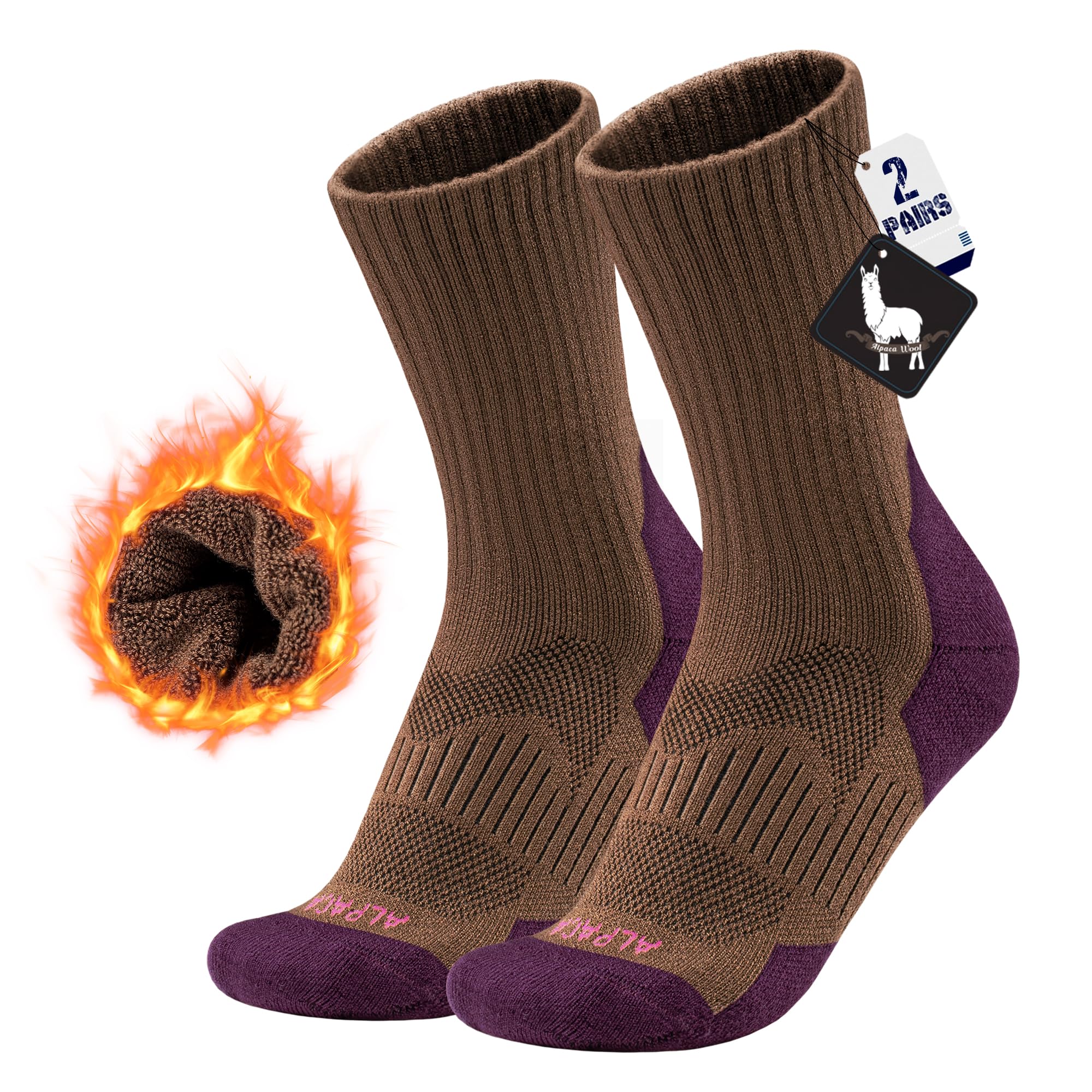Chaussettes Chaudes Femme et Homme Laine Alpaga Chaussettes Thermiques Hautes Epaisse Anti Froid Hiver Running Ski Randonnée pour SnowBoard Sport Taille 35-51 Lot de 2