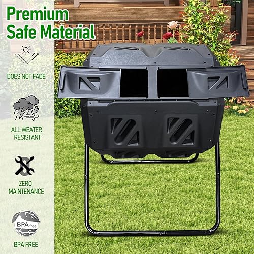 Miniatura 3 de Contenedor de compostaje para exteriores, 43 galones, doble cámara, giratorio, sin bisfenol A, para patio, jardín, patio, verde, fácil instalación,