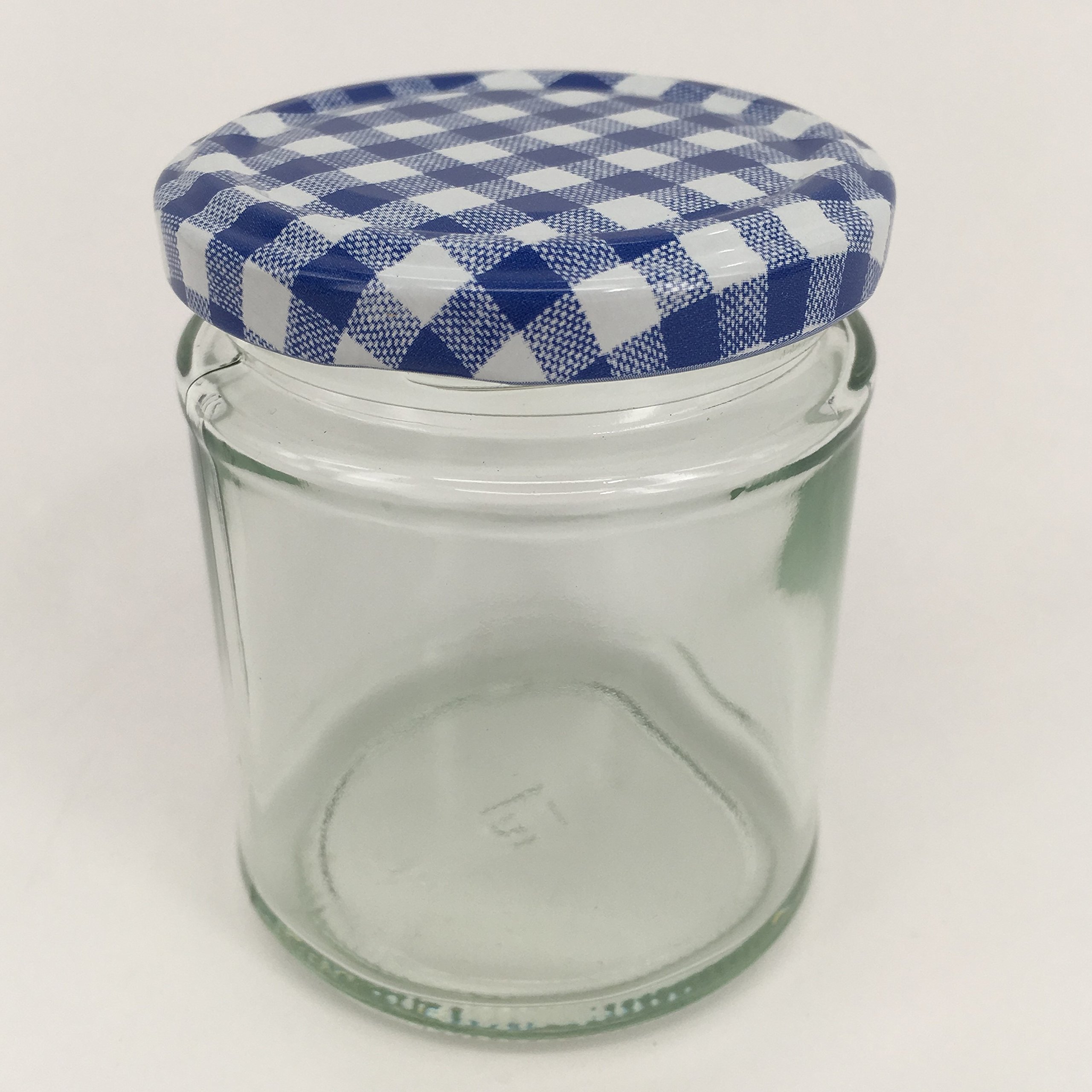 Nutley's 6 Round Glass Jam Jars + Blue Gingham Lids 190ml (7oz) Buy