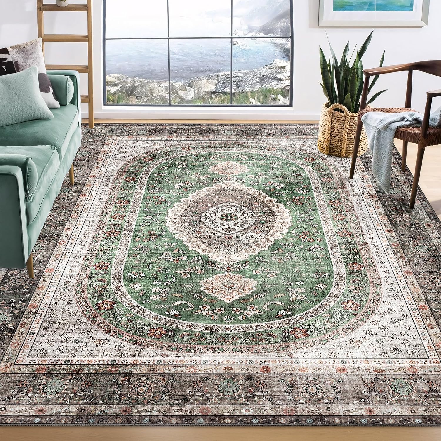 8x10 Area Rugs Washable,Green Rug for Living Room Bedroom Dining Room,Large Boho Vintage Bohemian Distressed Oriental Carpet Non Slip