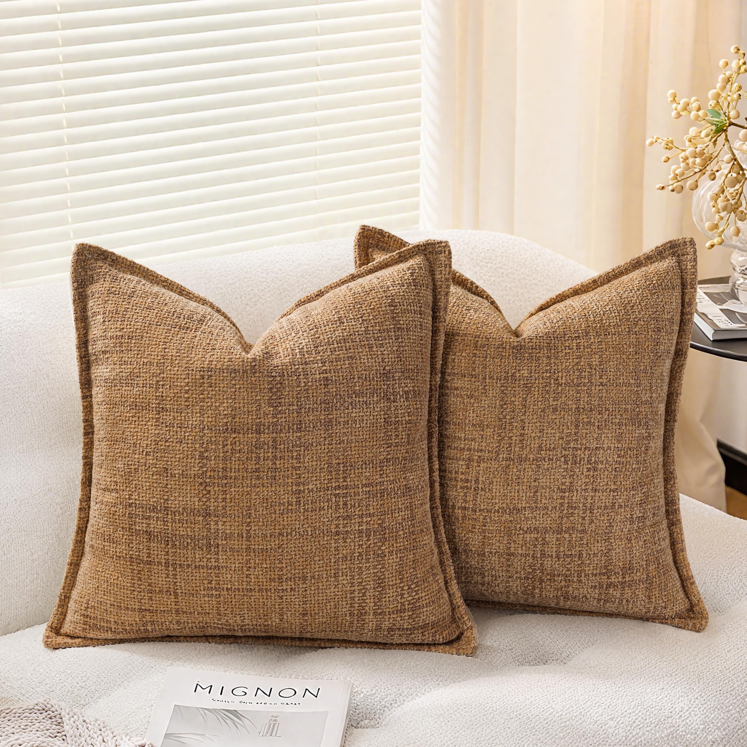 AELS 16x16 Decorative Chenille Farmhouse Throw Pillow Covers, Woven Pillow Case, Set of 2, Boho Textured Cushion Cover for Sofa Couch Living Room (