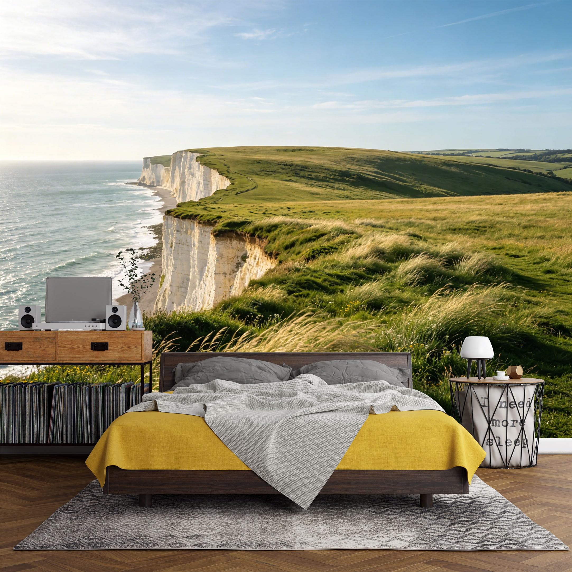 Custom Size Wall Mural， Coastal Cliff Ocean Breeze Landscape Seaside Grasses Horizon，SelfAdhesive Art Prints wall Fabric (No PVC) Removable Wallpaper Living Room Decor