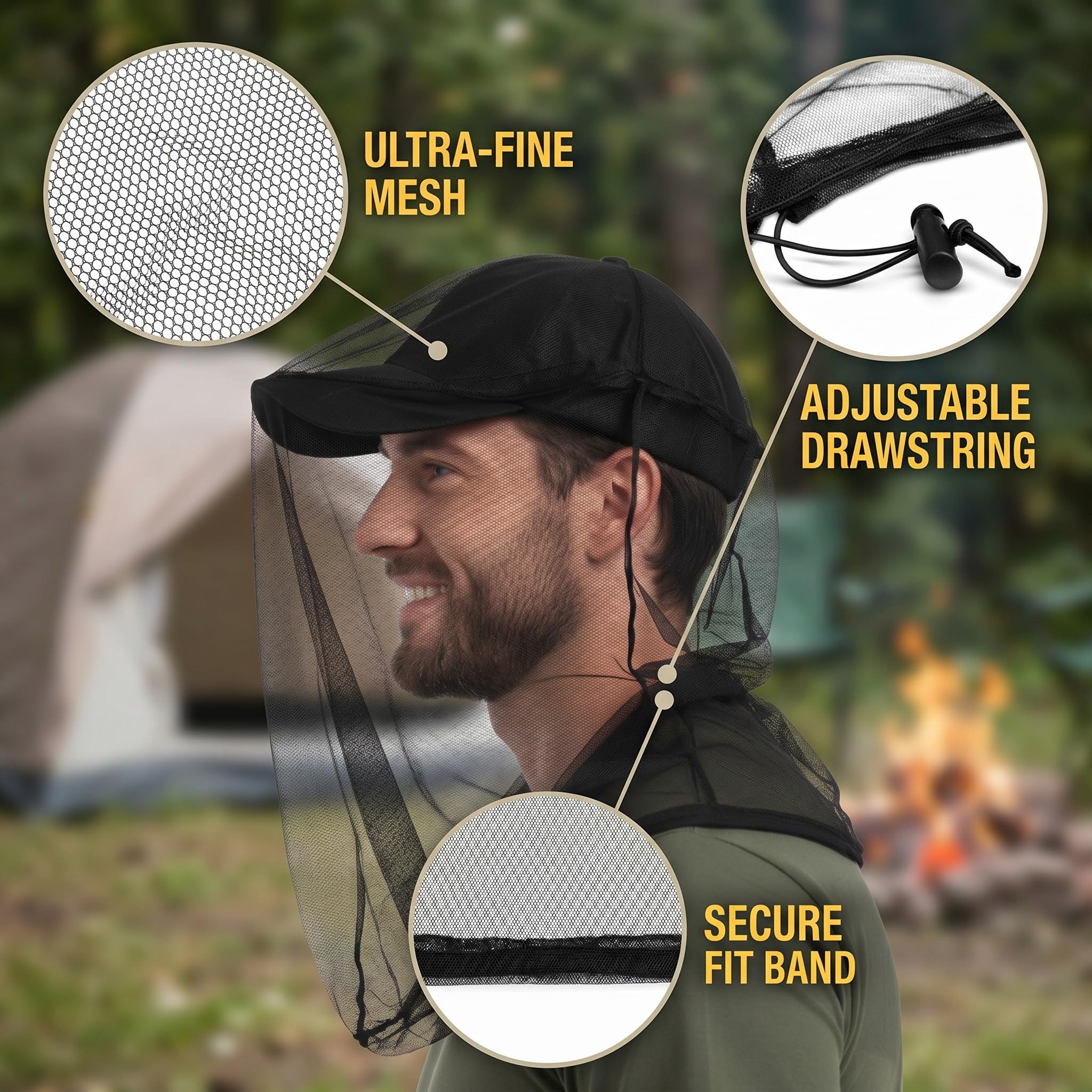 2 Pezzi Cappello con Rete Antizanzare, Rete per Zanzariera per Testa 46x46cm, Protezione Insetti per Viso e Collo, Ideale per Pesca, Campeggio, Apicoltura e Outdoor, Nero e Verde Militare
