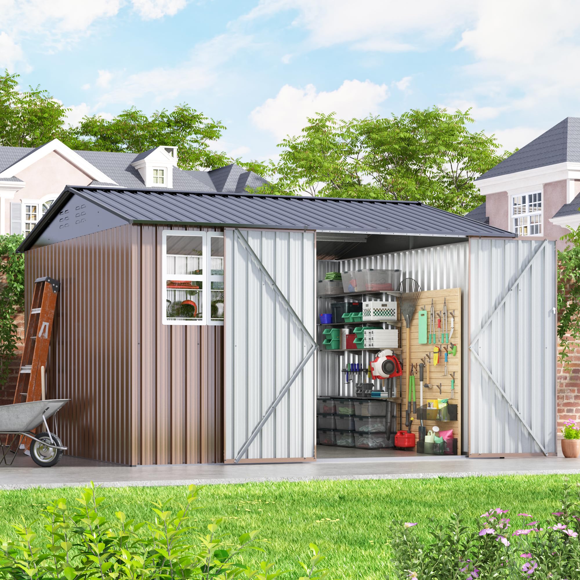 10 x 10 FT Outdoor Storage Shed, Metal Garden Shed with with Updated Frame Structure and Lockable Doors, Tool Sheds for Backyard Garden Patio Lawn Brown, KK1356