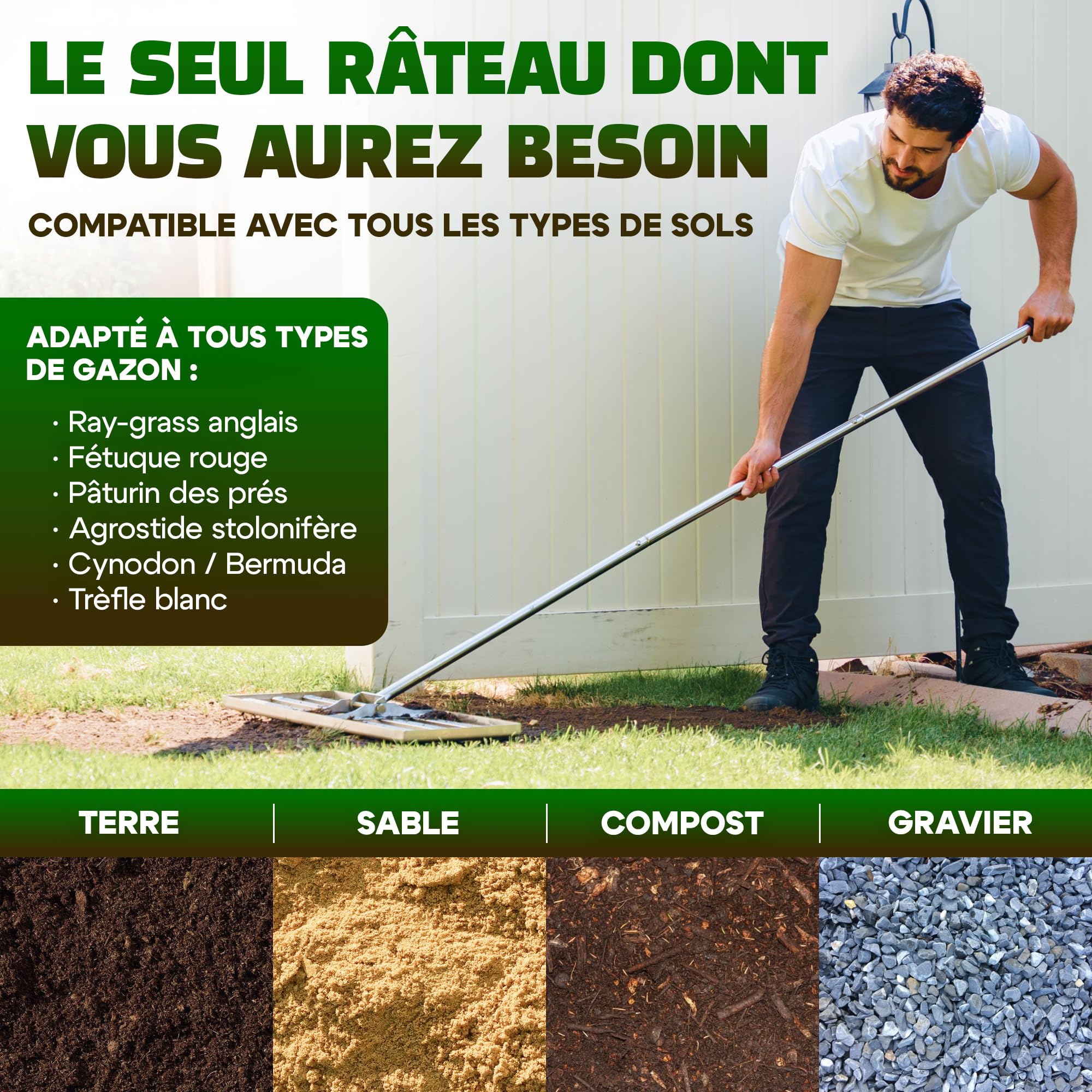 Rateau Nivellement 80x30cm + Scarificateur Gazon & Pelouse