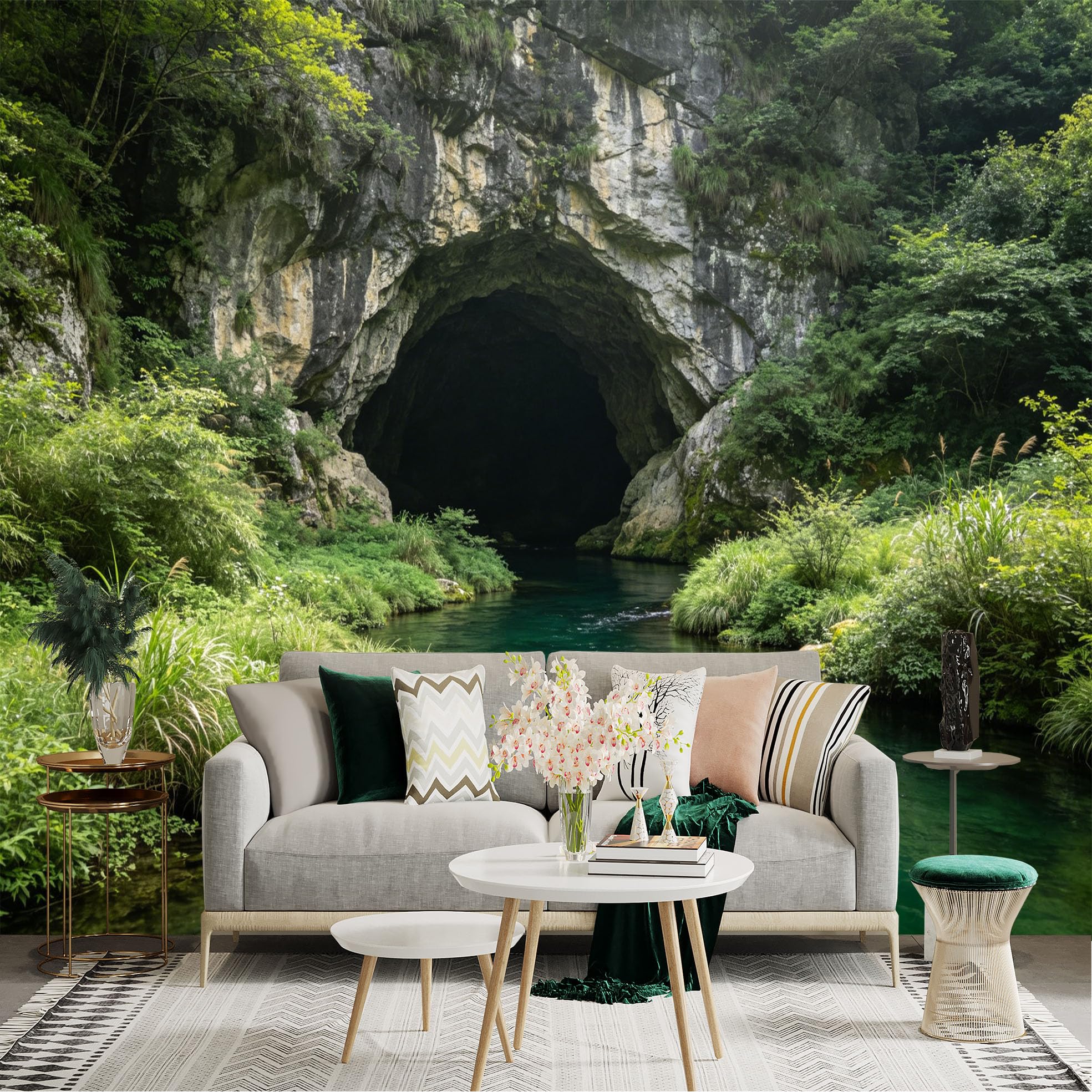 Lnzczhyre Dbh260521572 Custom Size Wall Sticker Mural， Mysterious Limestone Cave， Emerald River Water， Lush Forest Landscape， Nature Scenery， For Wall Decoration， Peelandstick Wall Decals.
