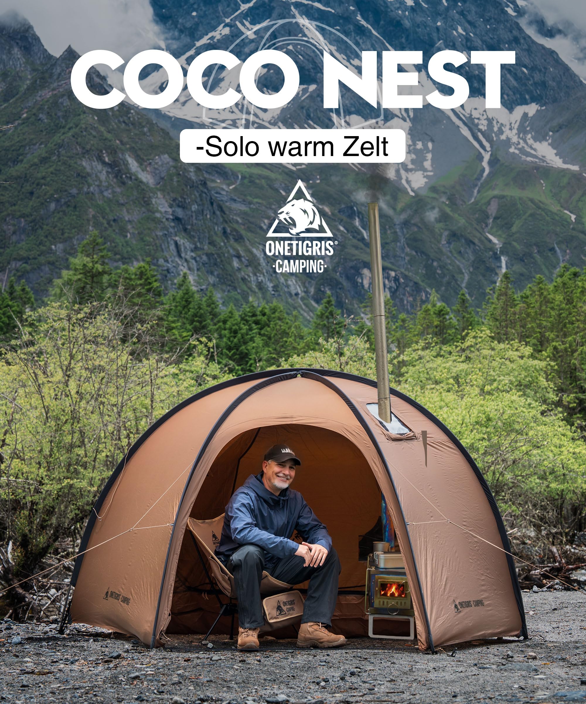 OneTigris Coco Nest Tente dôme avec ouverture pour cheminée, tente chaude avec moustiquaire intérieure pour 1 personne, tente de camping étanche 3000 mm, pour solocamping, randonnée et plein air