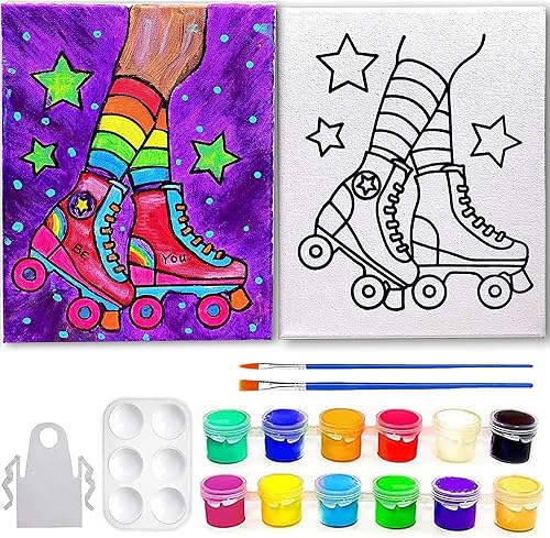 INDIGO ART STUDIO Patines de lona predibujados de 8 x 10 pulgadas, pintura acrílica retro, actividad artística, 12 colores de primera calidad, 2