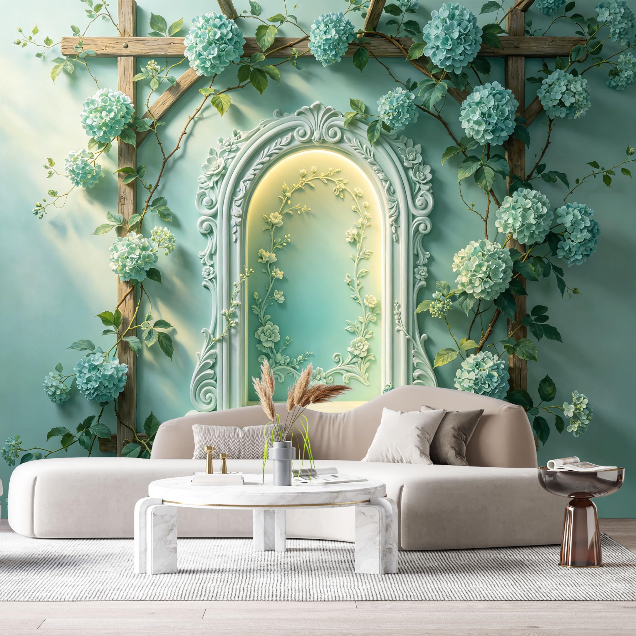 Custom Size Wall Murals Neoclassical Botanical Garden Arch Hydrangea 3D Trompe L'Oeil SelfAdhesiveWall Fabric Removable Wallpaper Wall Decor for Living Room Bedroom Bathroom