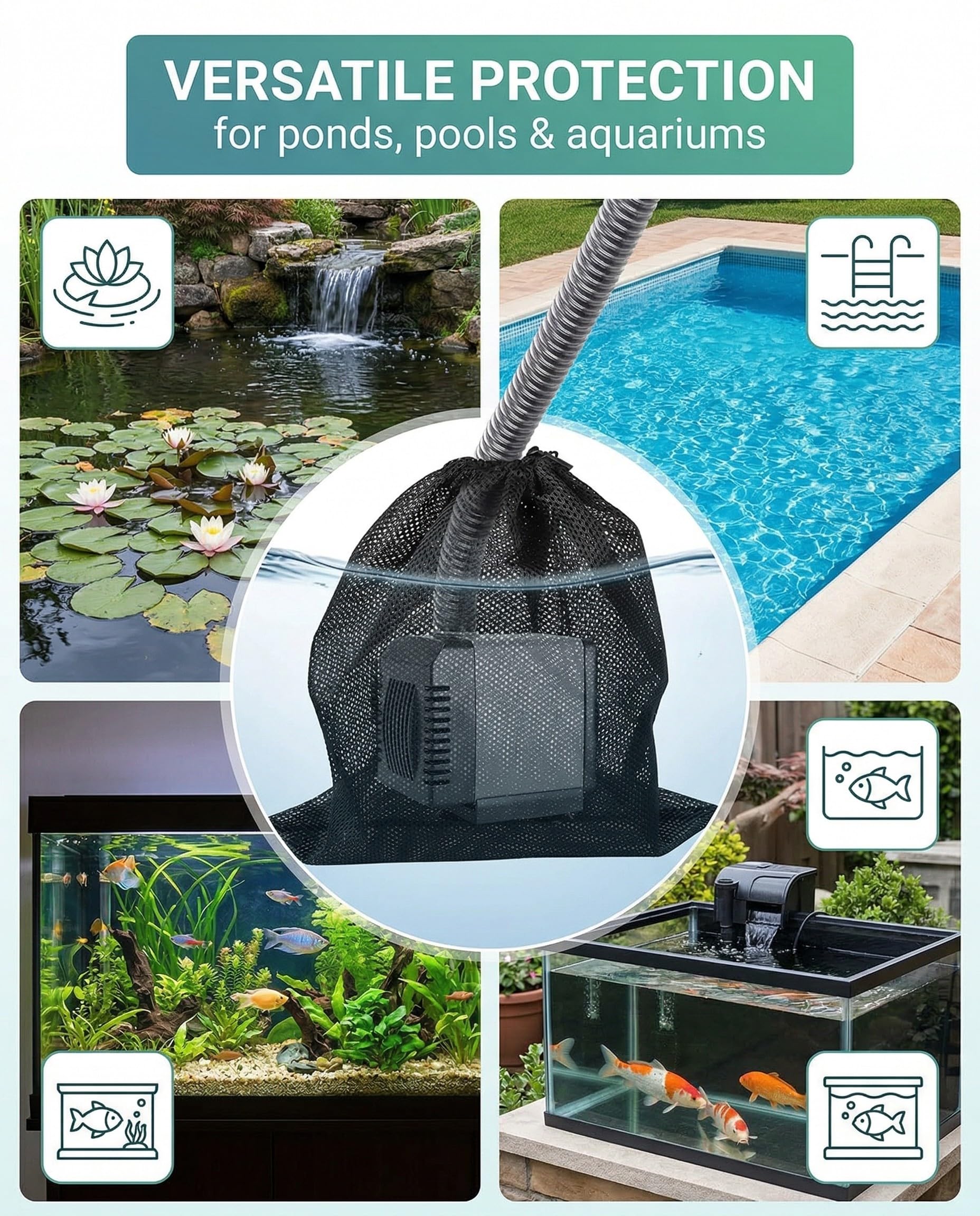 Borsa Filtrante a Rete per Pompa Acqua 45x45cm – Protezione Robusta, Filtrazione Efficace per Laghetto, Piscina. Previene Ostruzioni & Prolunga Vita Pompa.