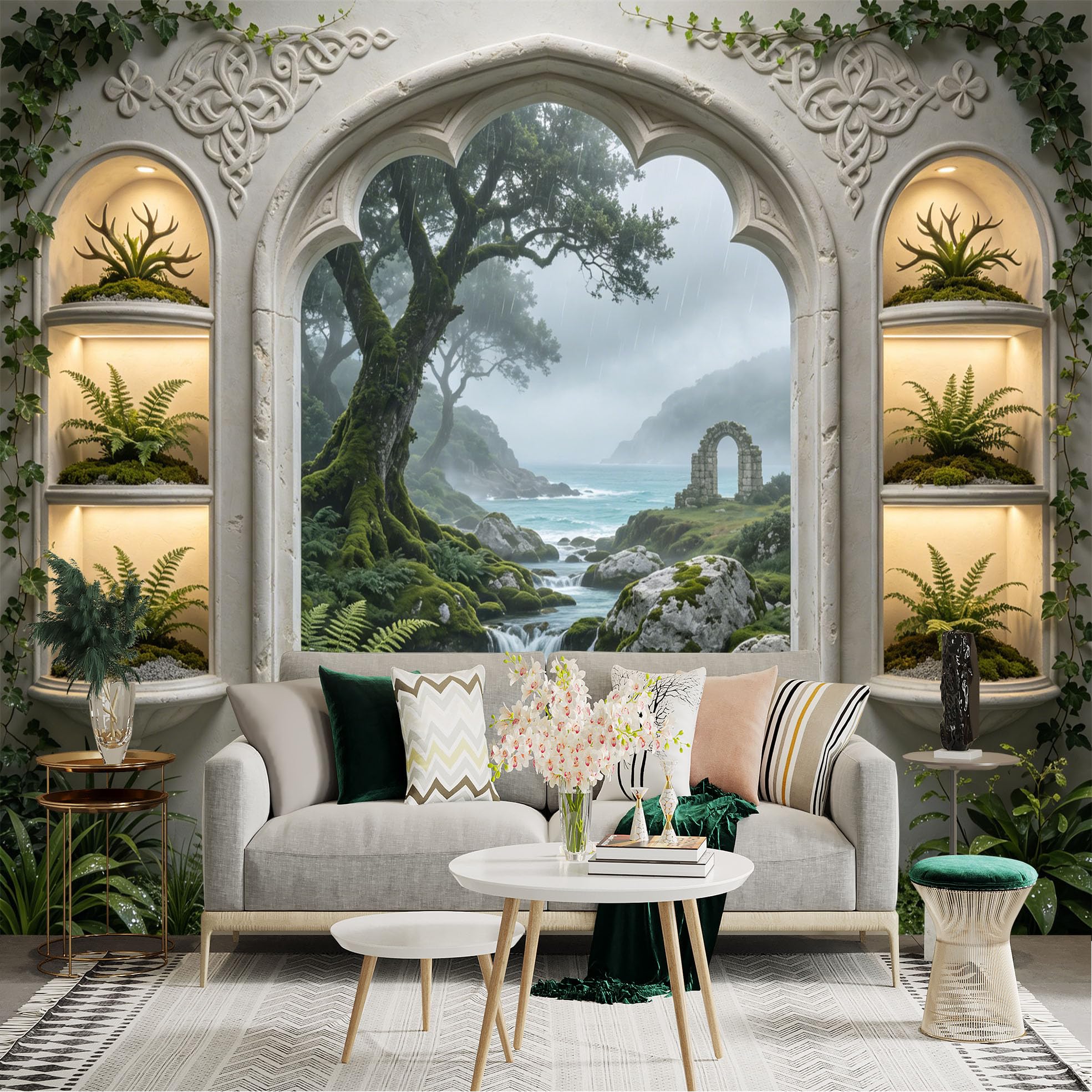 Custom Size Wall Sticker Mural， Misty Forest with Waterfall， Ocean View and Stone Arch Window， for wall Decoration， peelandstick wall Decals.