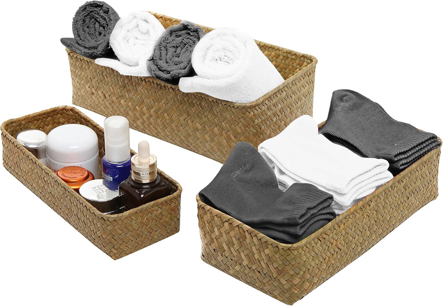 MyGift Medium Handwoven Natural Seagrass Woven Storage Basket, Rectangular Home Organizer Bins, 3-Piece Set, 12, 11 and 9 Inch Baskets