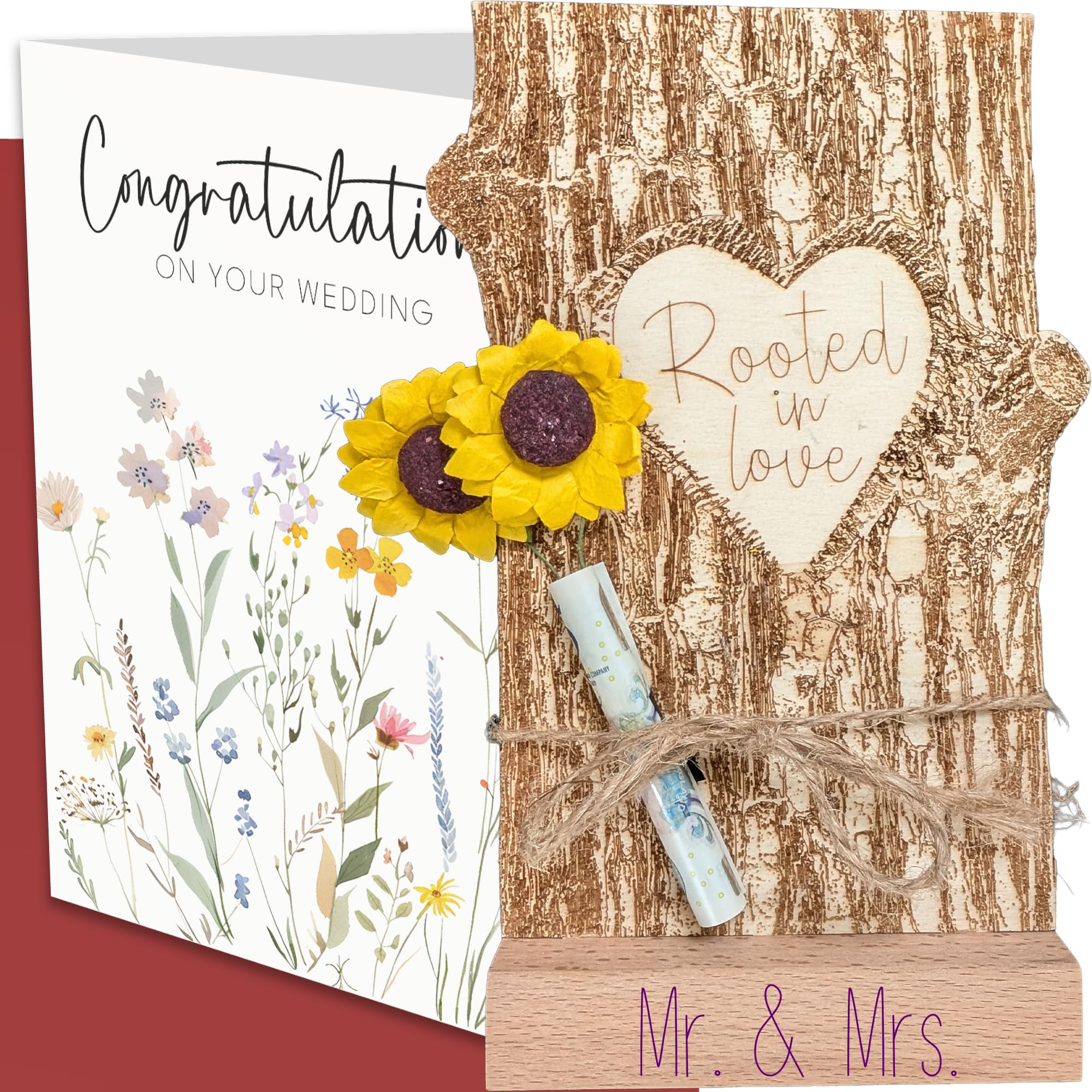 the lazy panda card company Wooden Wedding Gift “Rooted in Love” Mr & Mrs Stand and Handmade Paper Sunflowers – Perfect Marriage Keepsake and Money Cash Gift Wallet