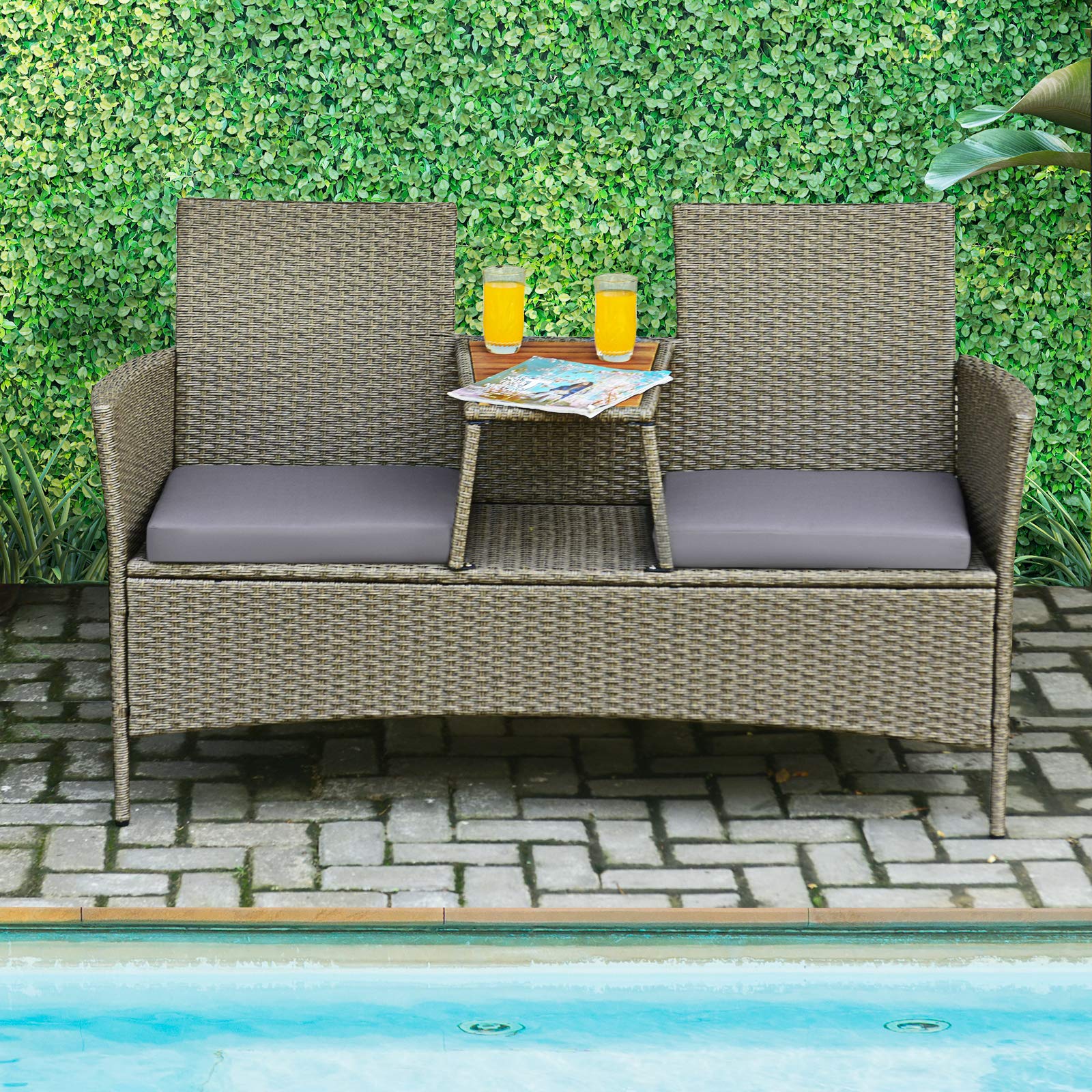 Tangkula Outdoor Rattan Loveseat, Patio 2Person Wicker Conversation